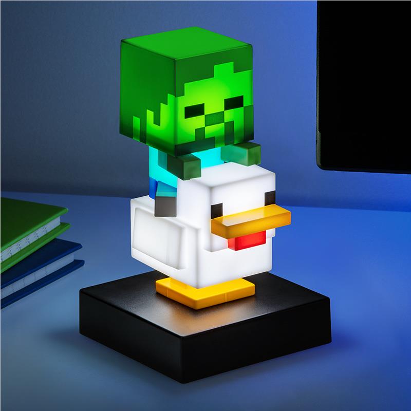 Minecraft-style chicken jockey 3D icon light figure on black base, glowing blue