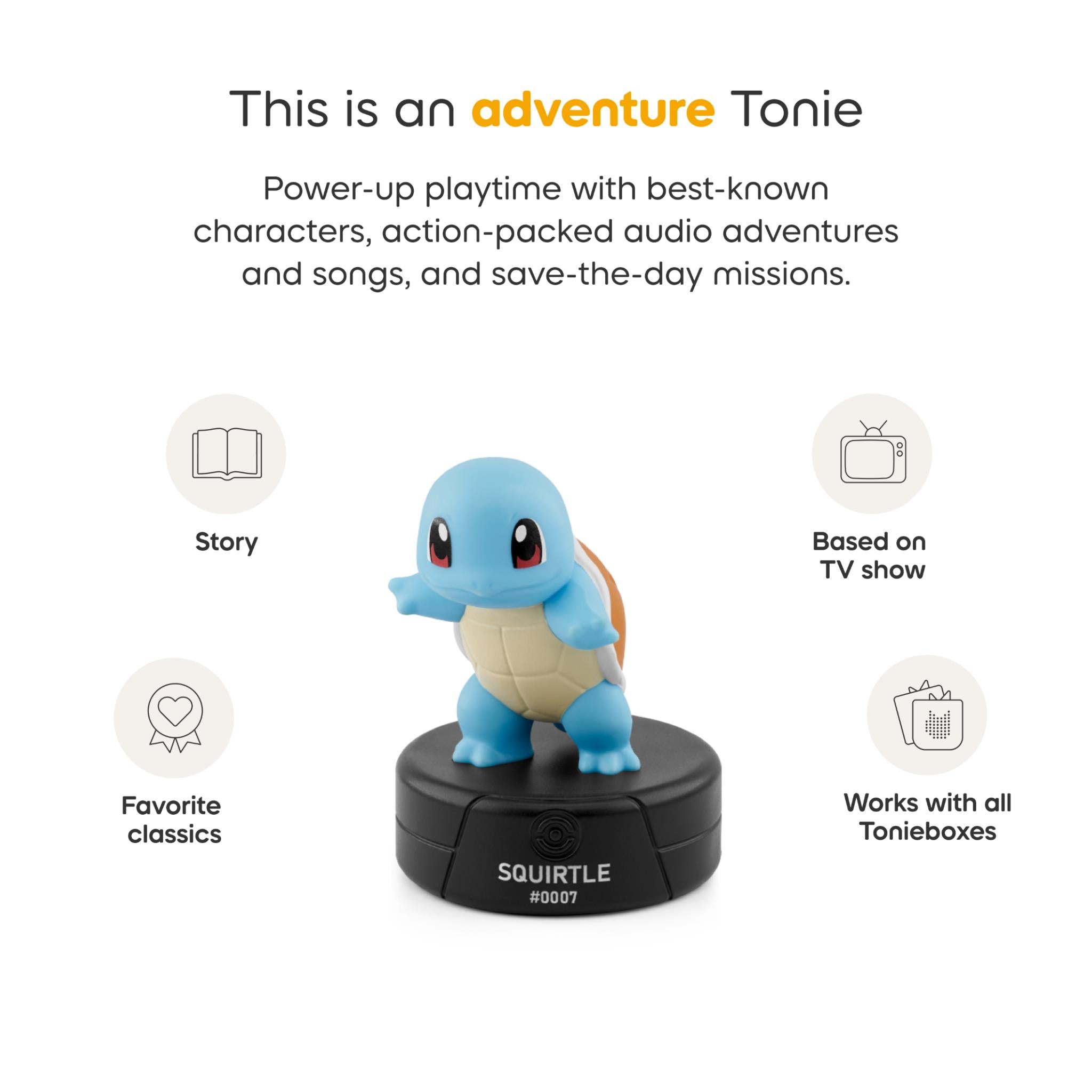 Squirtle blue audio Tonie on black base with story and feature icons