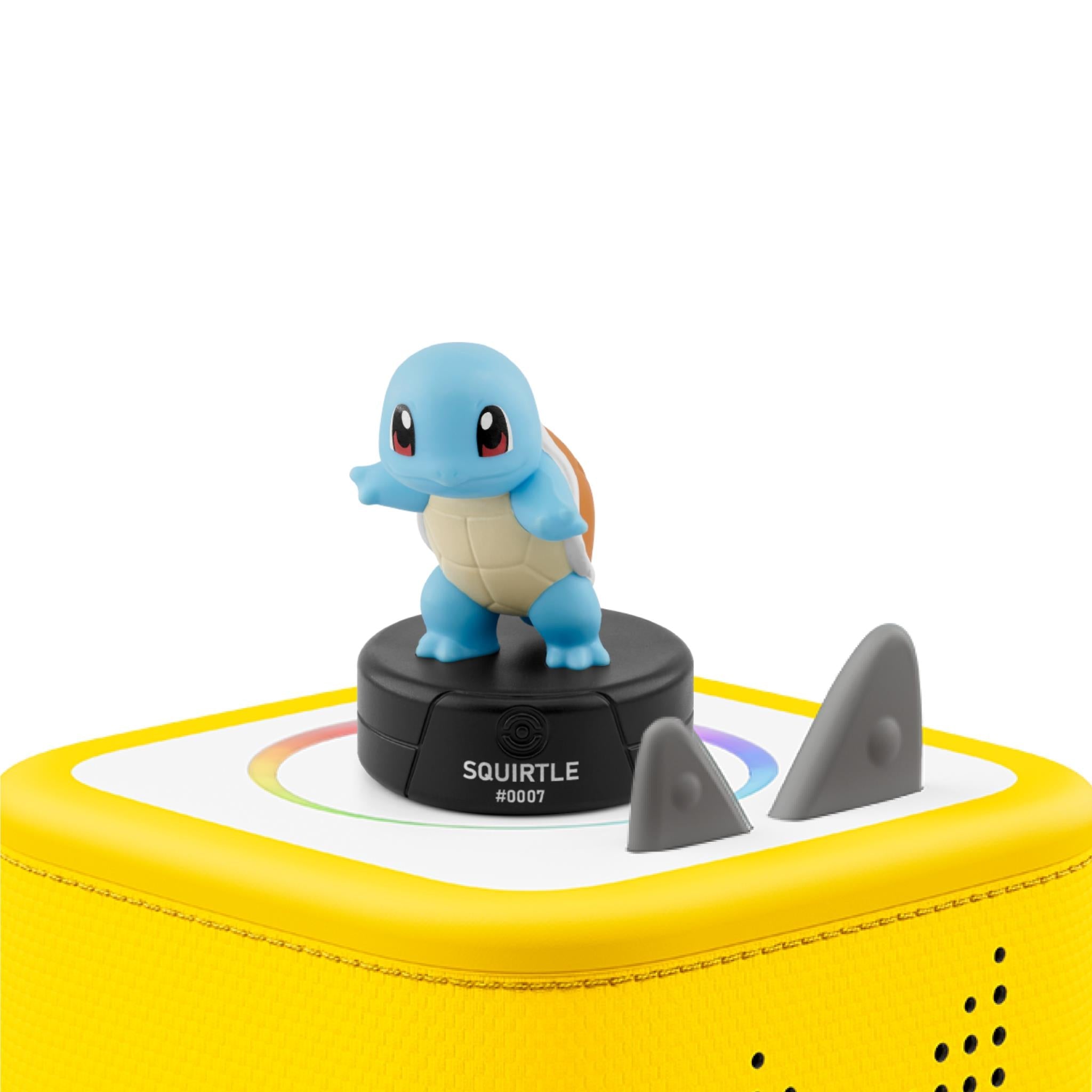 Squirtle blue audio Tonie on yellow Toniebox top with two gray speakers