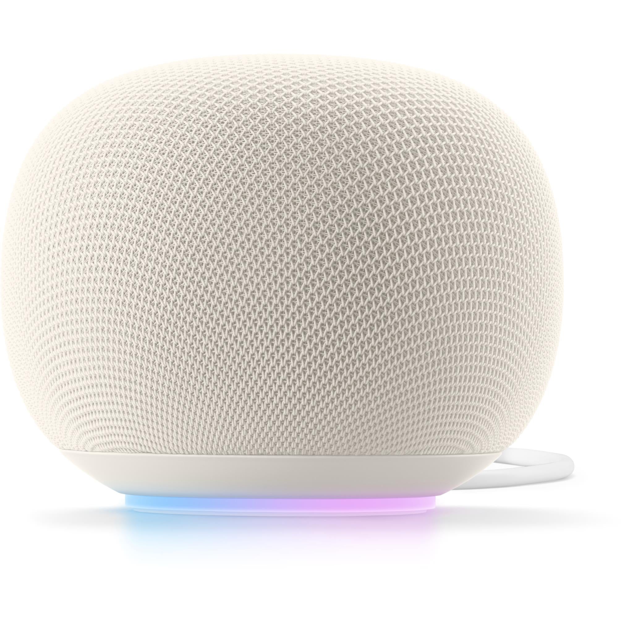 Porcelain white smart speaker with mesh fabric and circular base, hands-free design
