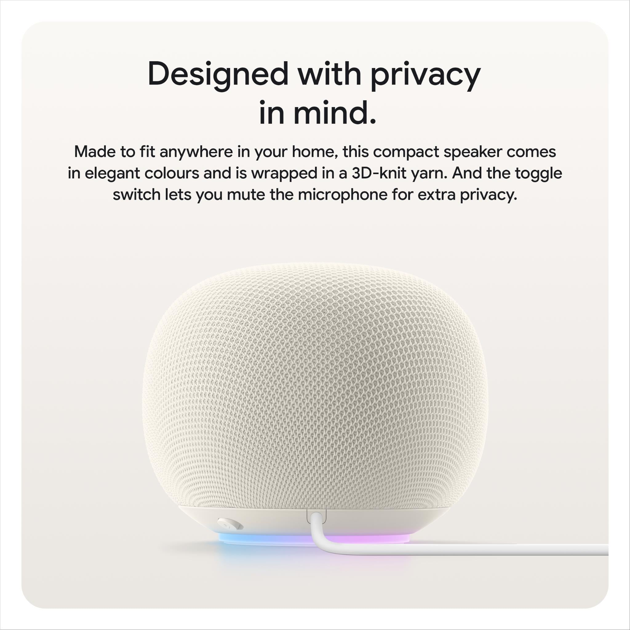 Porcelain white smart speaker with mesh cover and soft purple light at base