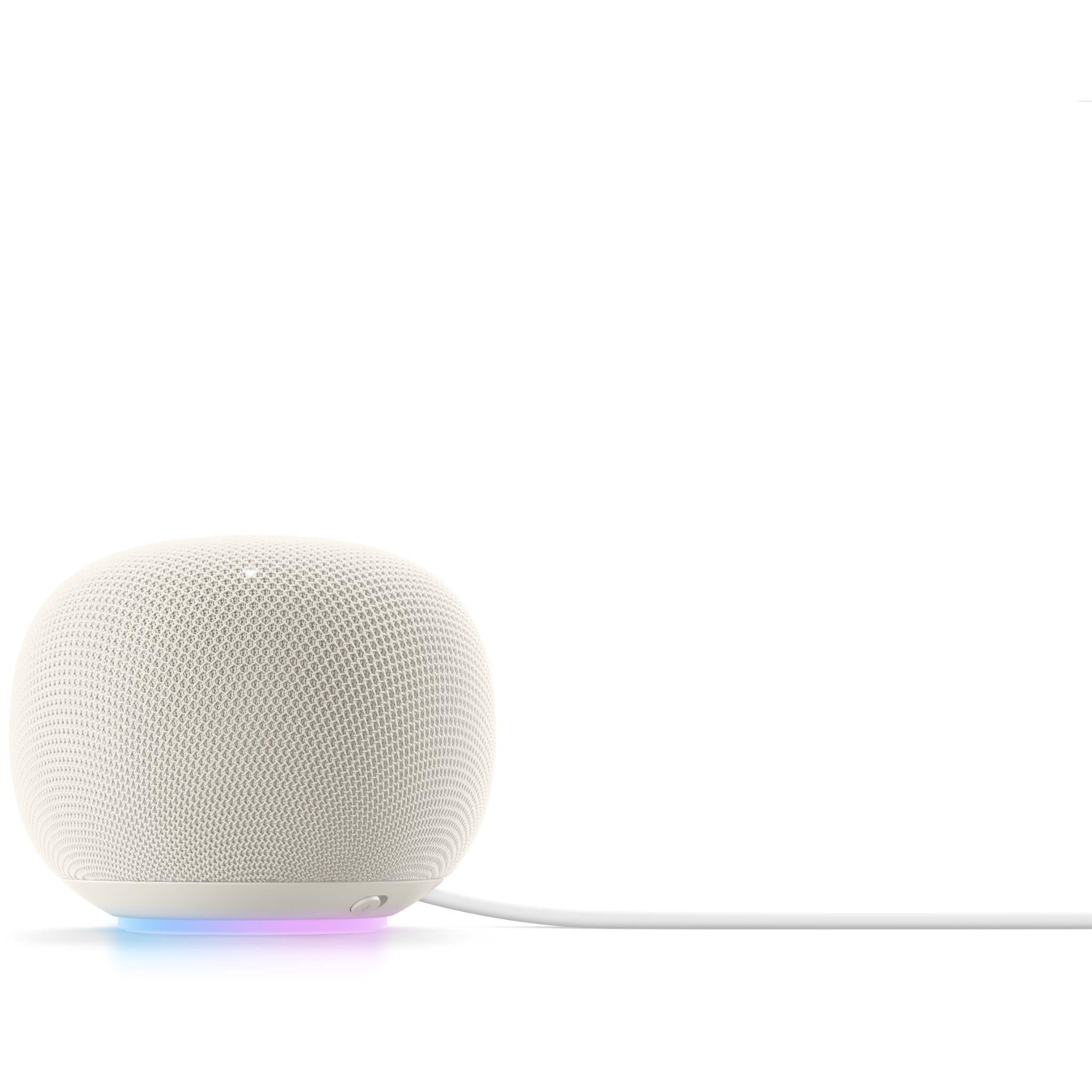 Porcelain white smart speaker in side view with soft blue/purple light glow