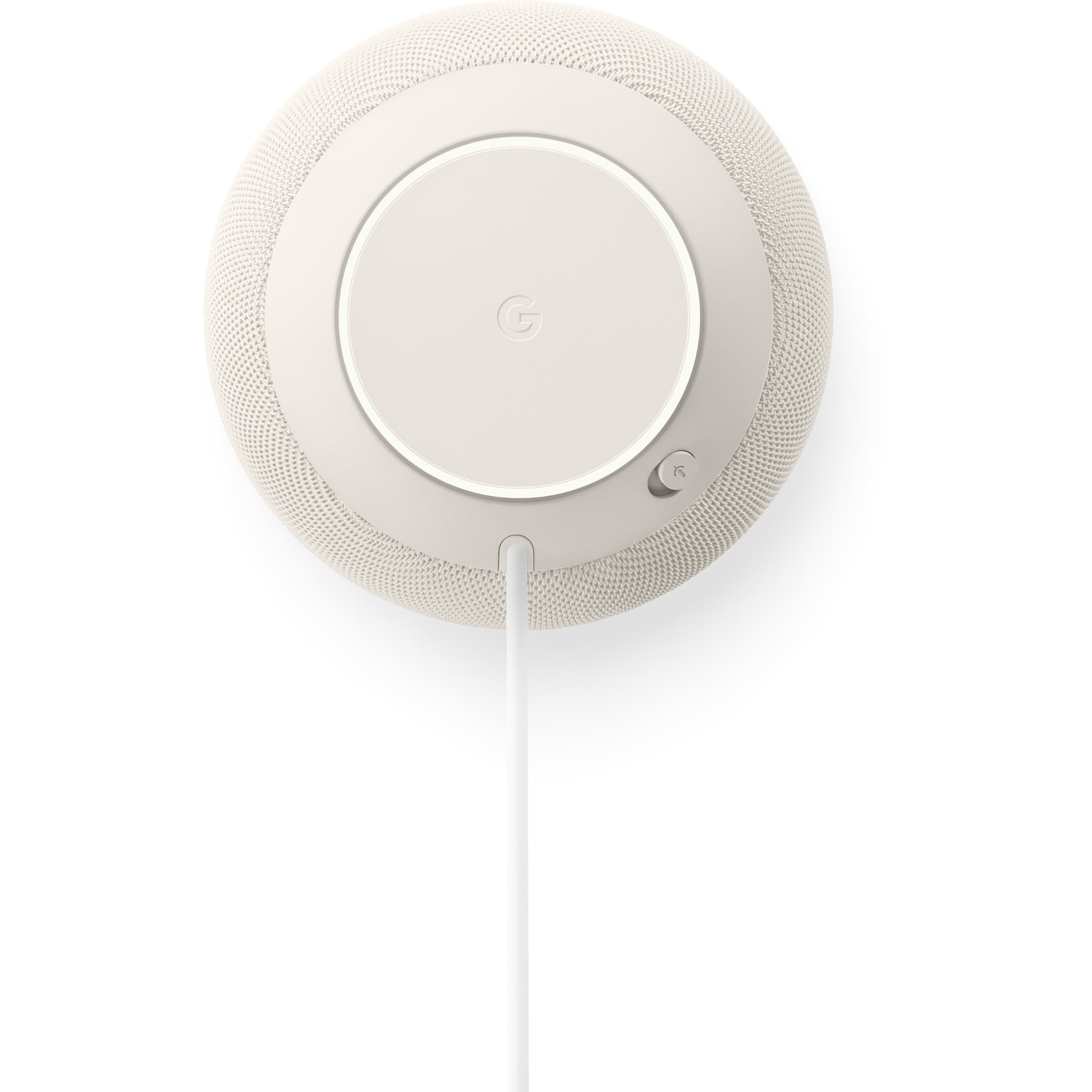 Porcelain white smart speaker underside with circular control panel and power cord