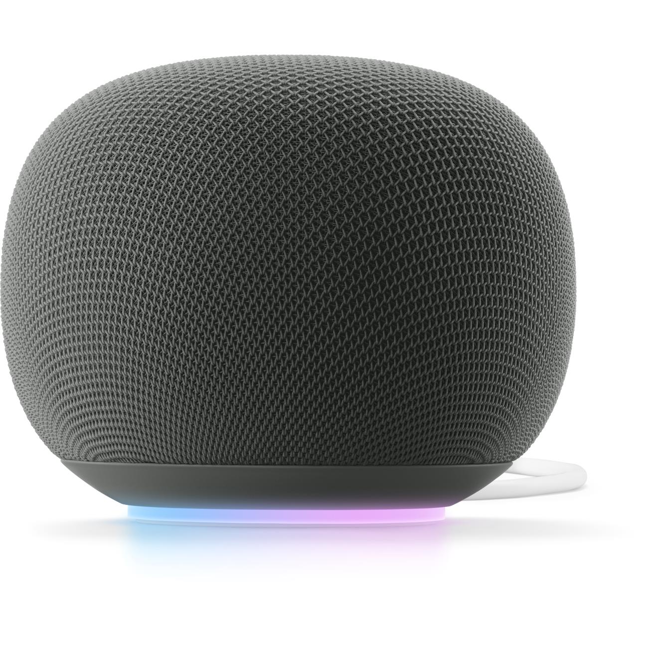 Hazel green smart speaker with textured mesh dome and glowing purple light ring