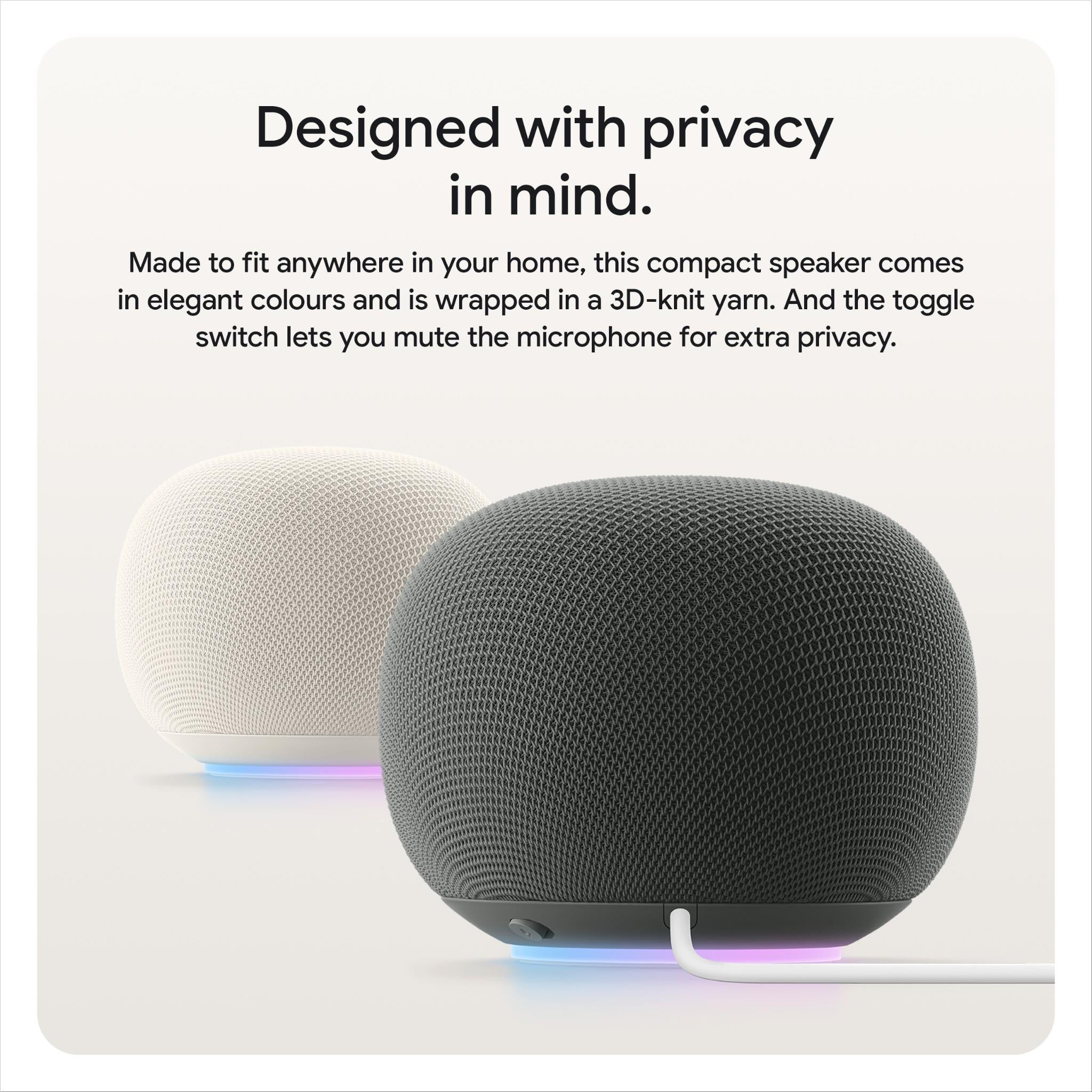 Compact smart speaker shown from front and side with mesh fabric and purple LED glow