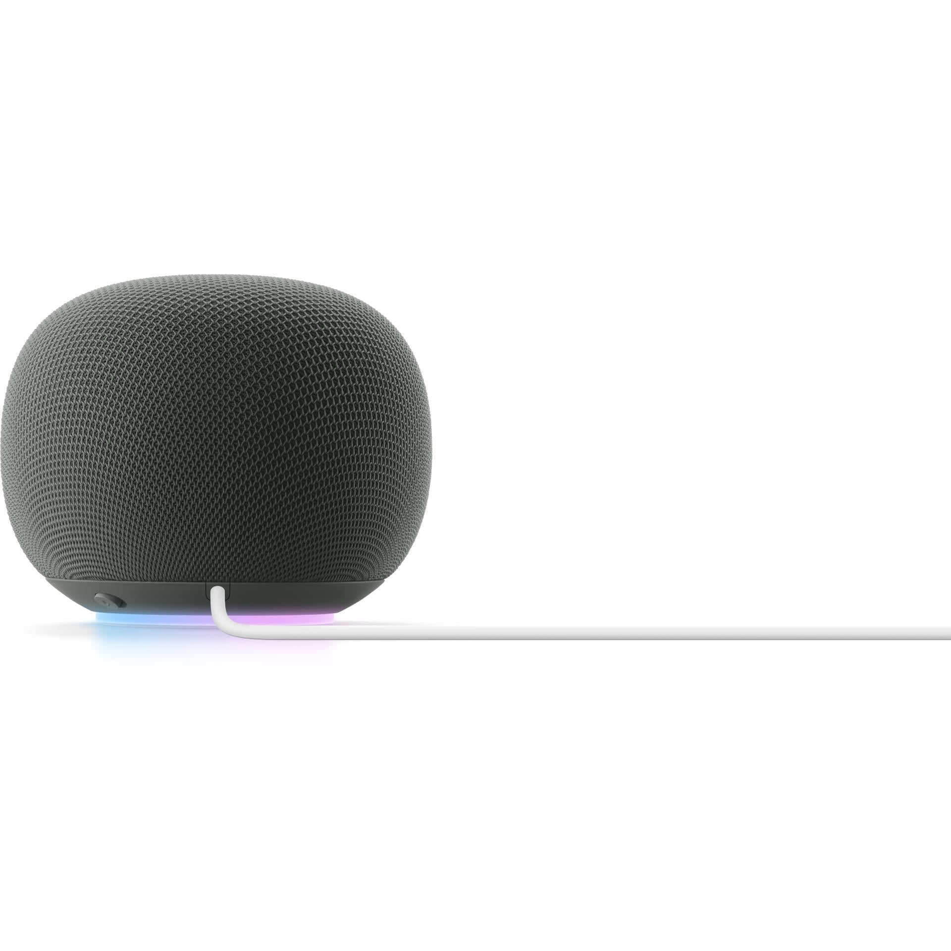 Side view smart speaker with textured mesh dome and purple LED light at base