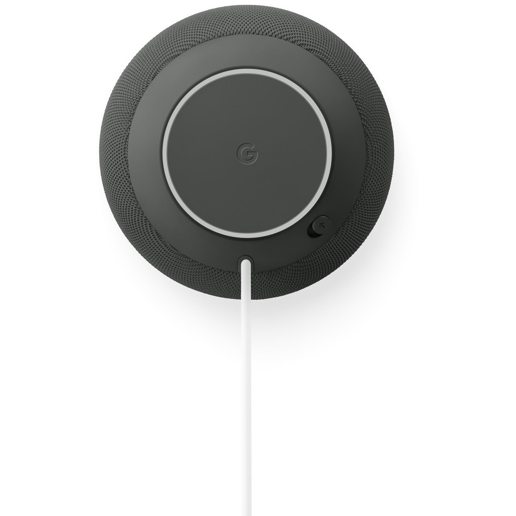 Front view smart speaker with circular control panel and textured fabric grille