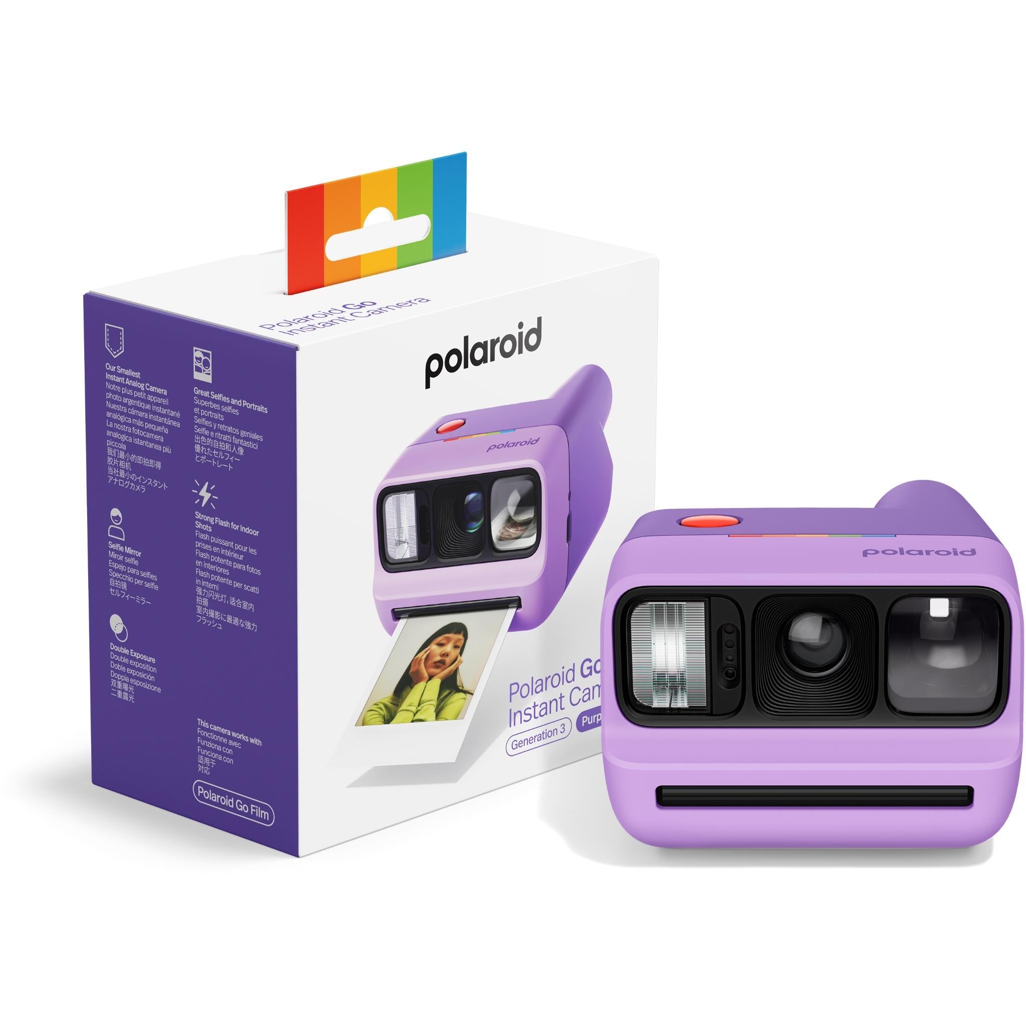 Purple Polaroid Go pocket selfie instant camera with front lens and photo slot, plus box