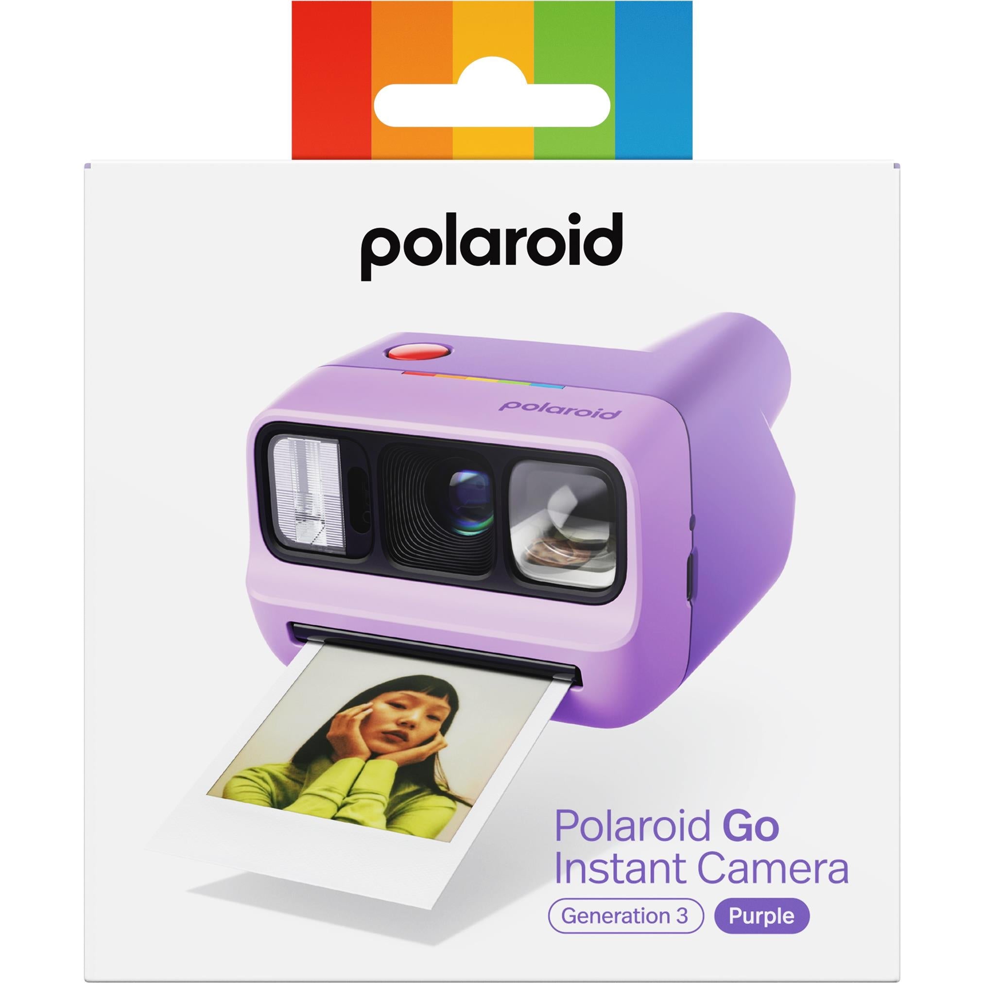 Purple Polaroid Go instant selfie camera shown with photo output and front controls