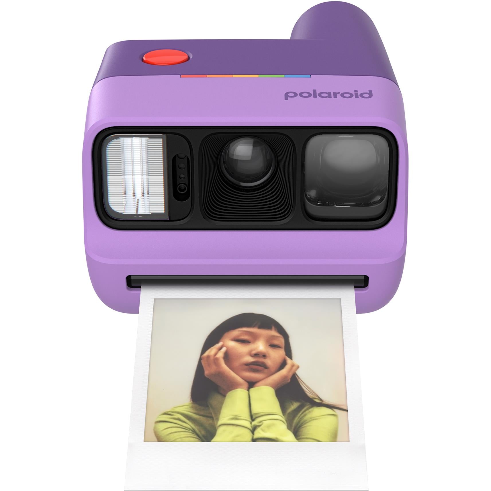 Purple Polaroid Go Generation 3 pocket instant camera with photo print coming out