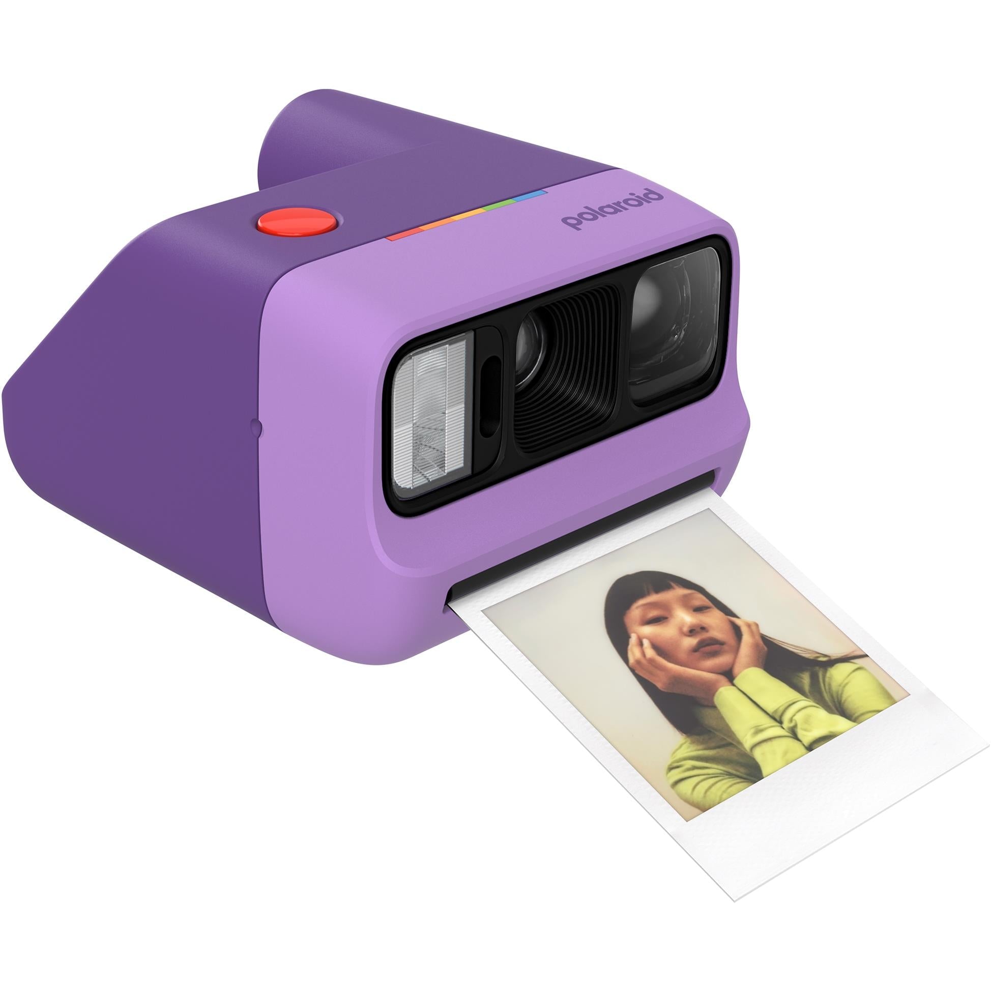 Purple Polaroid Go Generation 3 pocket instant camera with printed photo extended