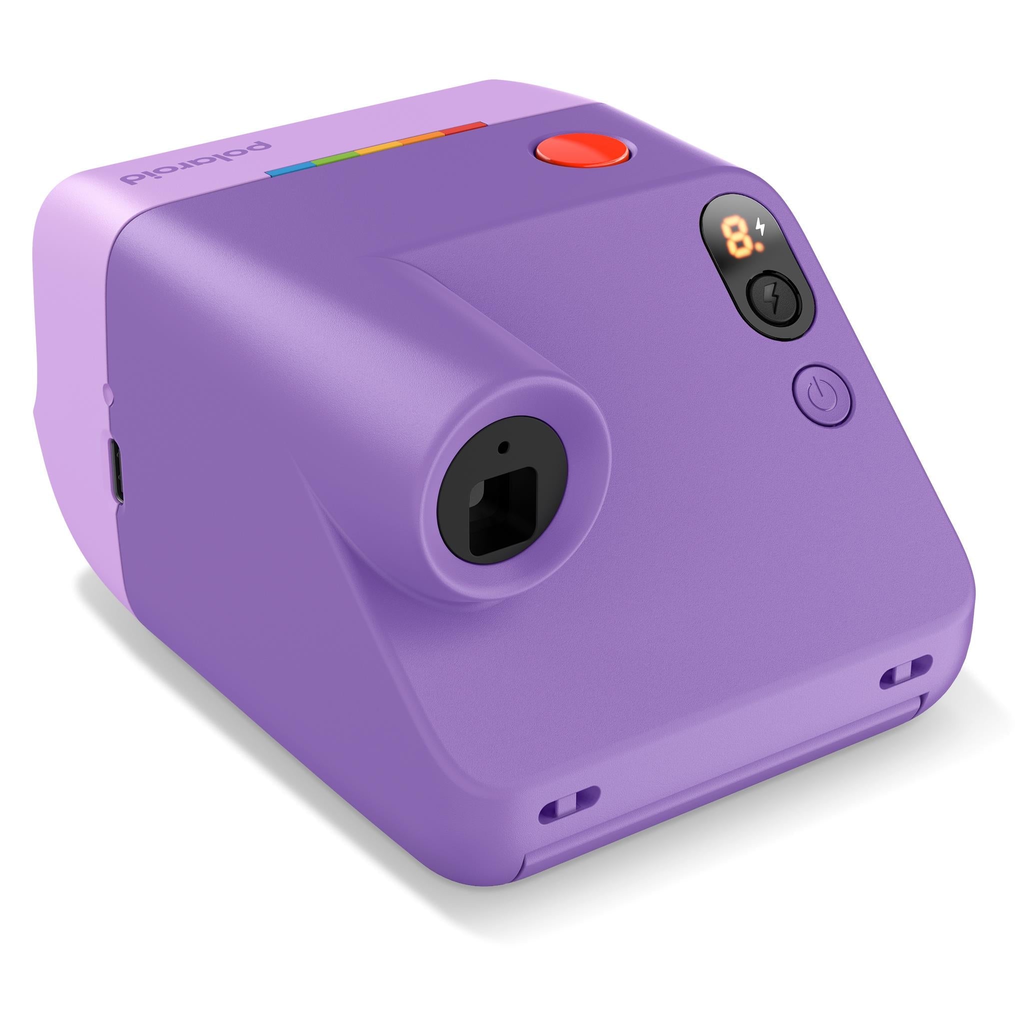 Purple Polaroid Go Generation 3 pocket instant camera back corner with small display
