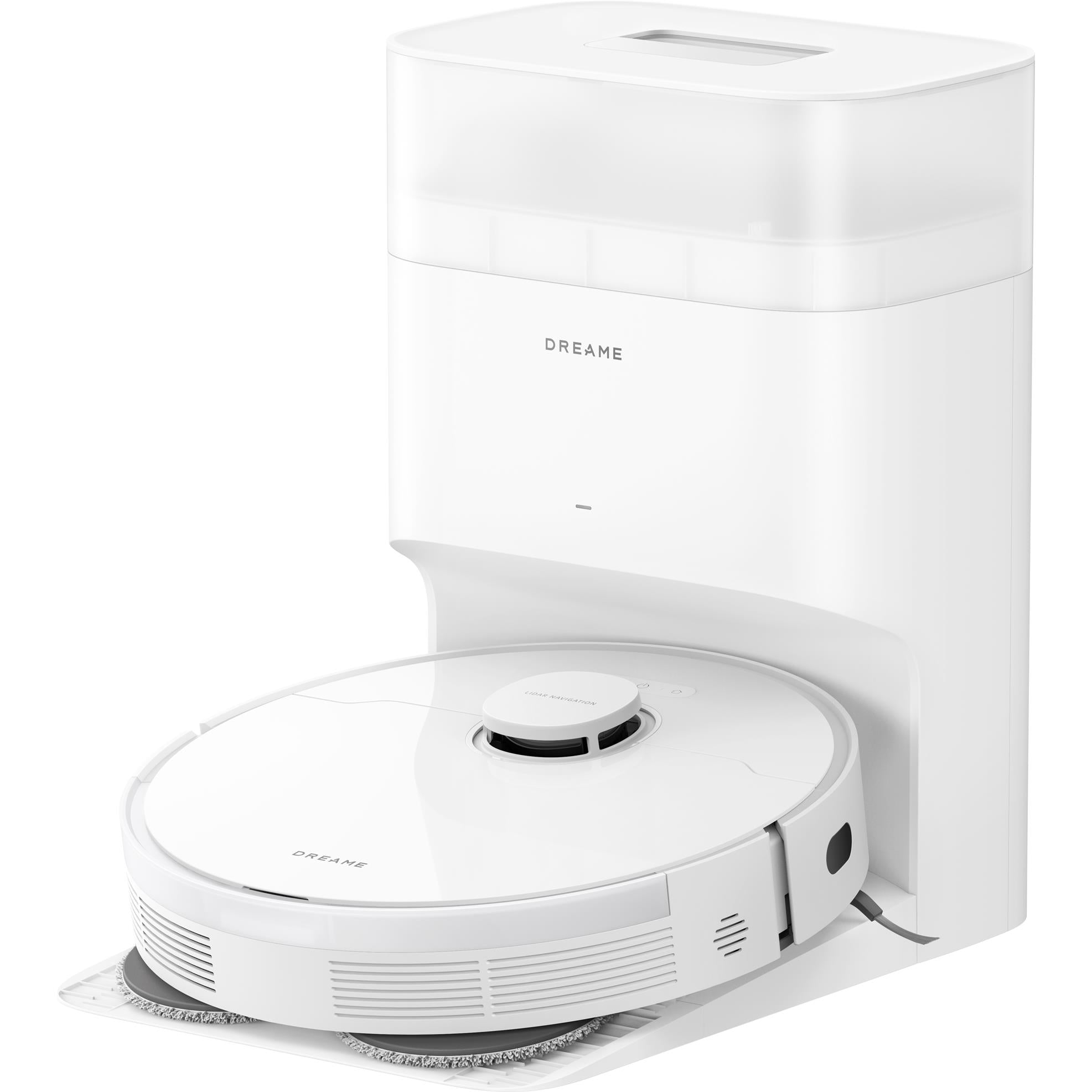 Dreame robot vacuum and mop near white auto-empty dock; round sensor top visible