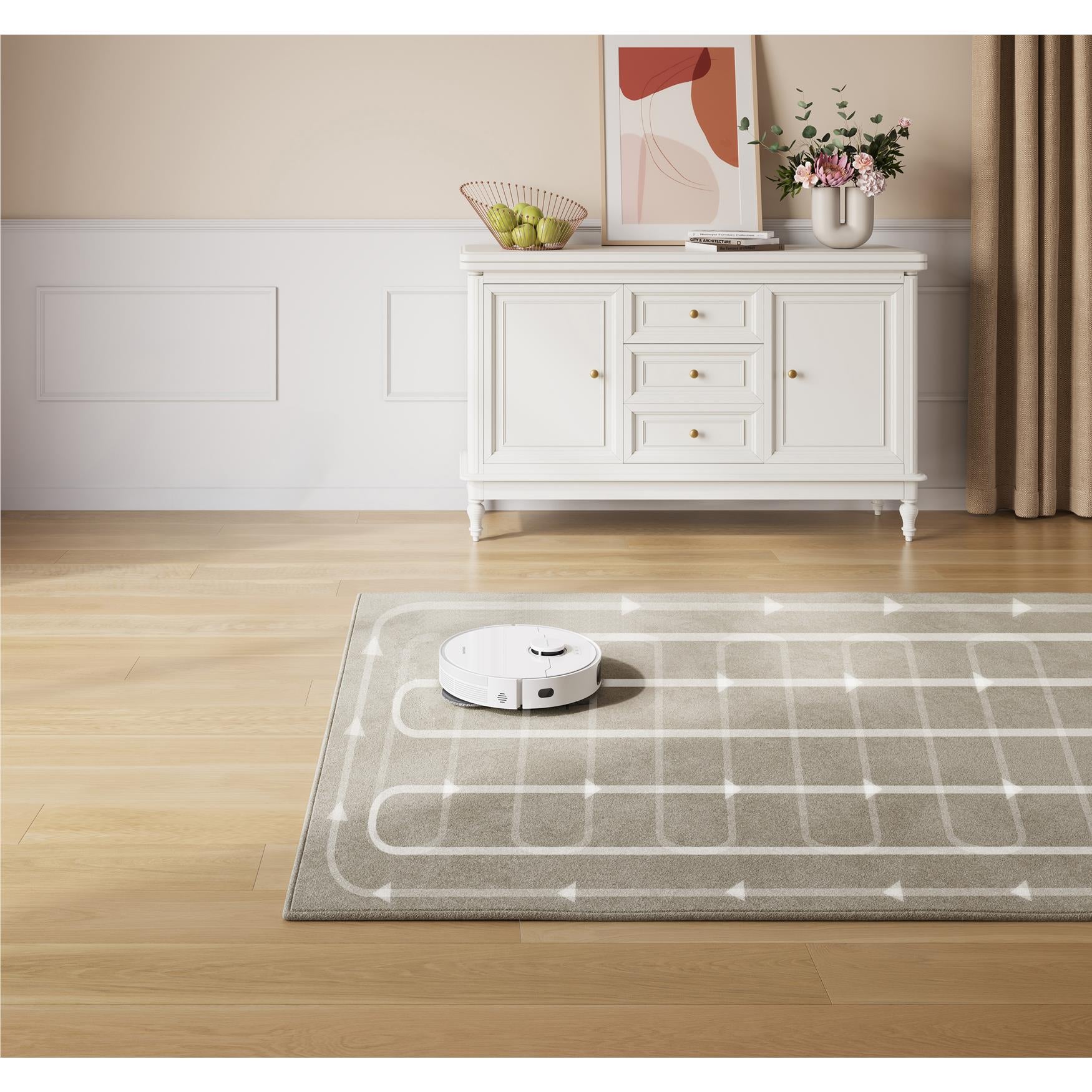 Dreame robot vacuum and mop cleaning on gray area rug over hardwood floor