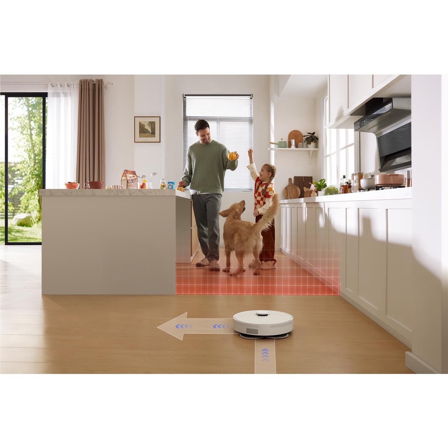Dreame robot vacuum and mop navigating on smooth floor with guidance marks