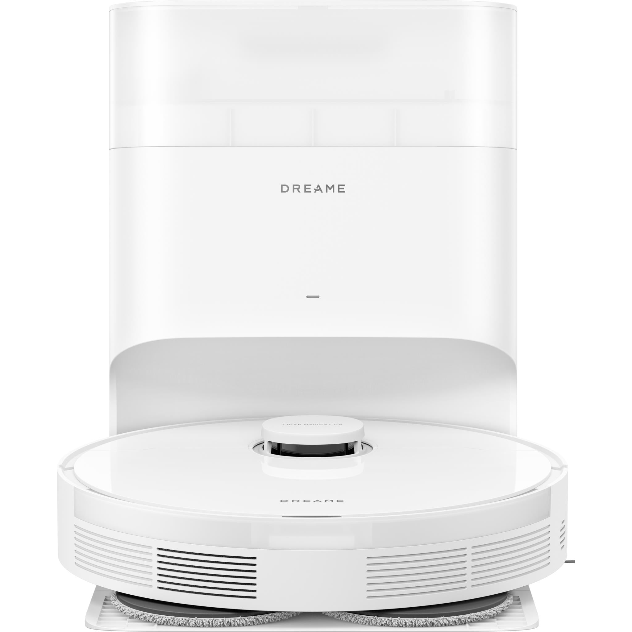 Dreame L40 Plus robot vacuum and mop close-up on white charging dock