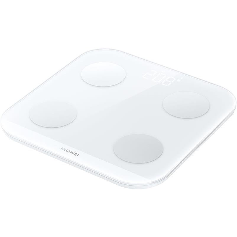 Frosty white Bluetooth smart body fat scale with four round electrodes, top view