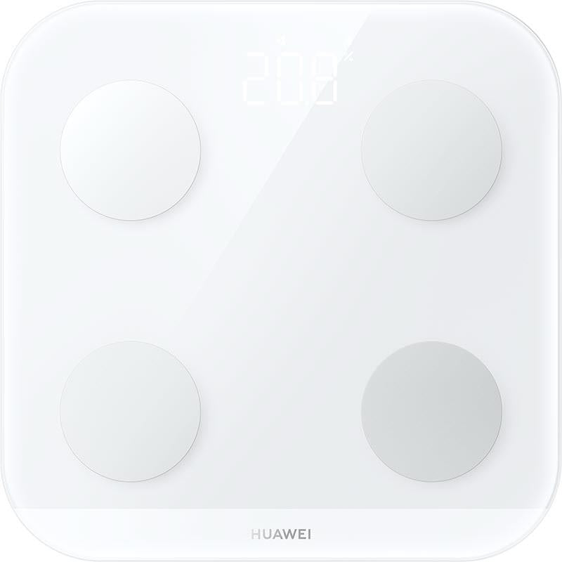 Frosty white body fat scale close-up with four round electrodes and LED display