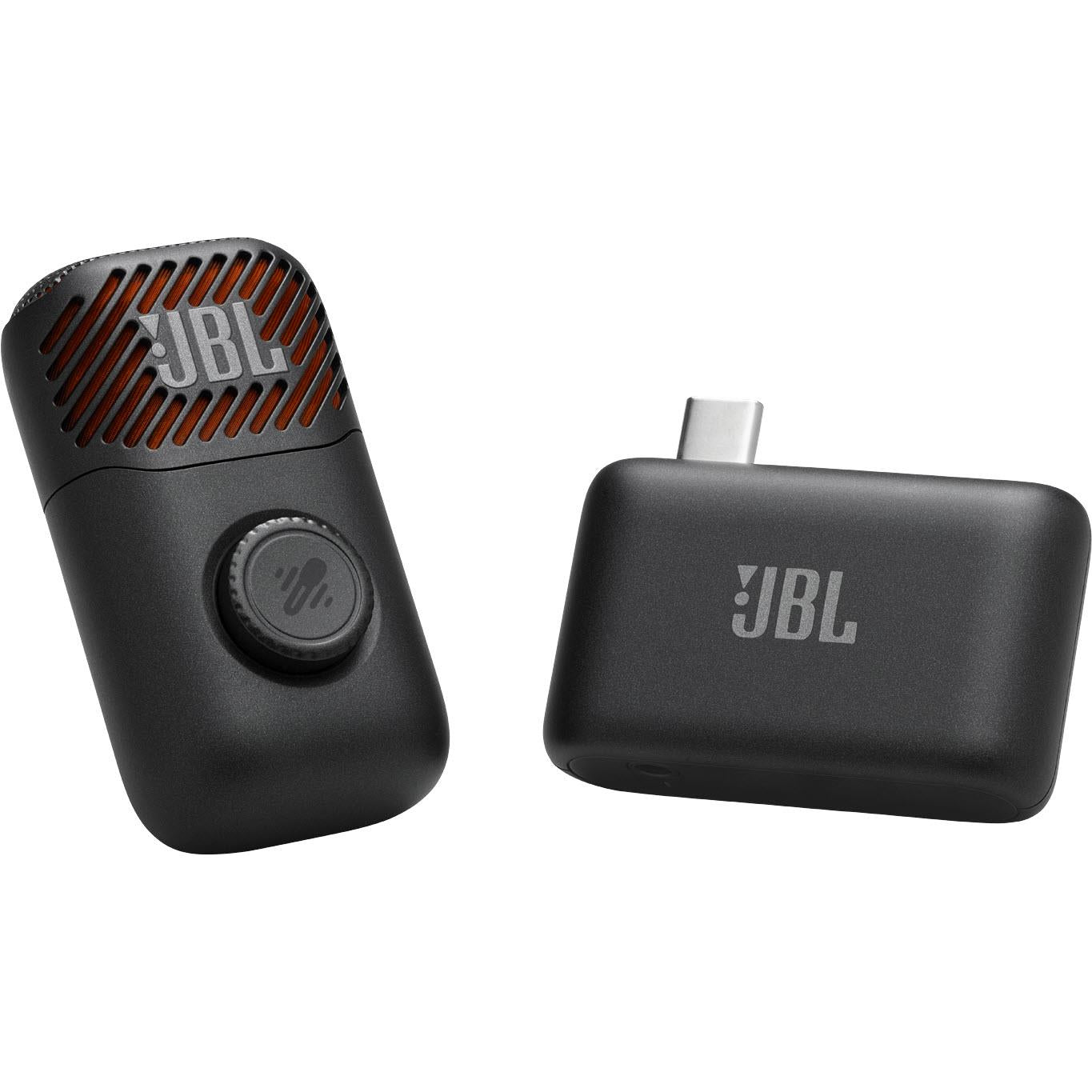 Wireless mini karaoke microphone with black body and JBL grille, plus charging case