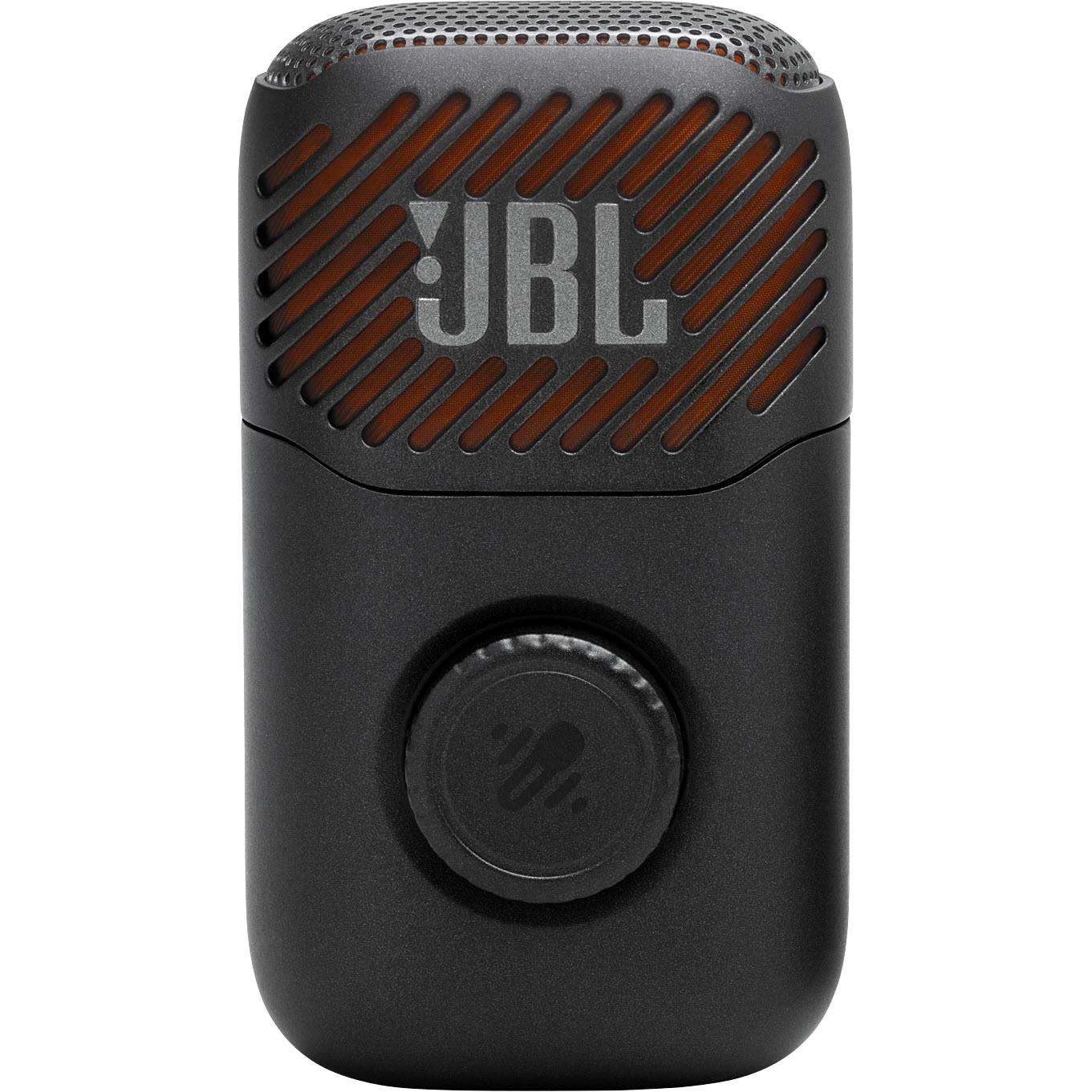 Black JBL mini karaoke microphone with circular control button and orange speaker grille