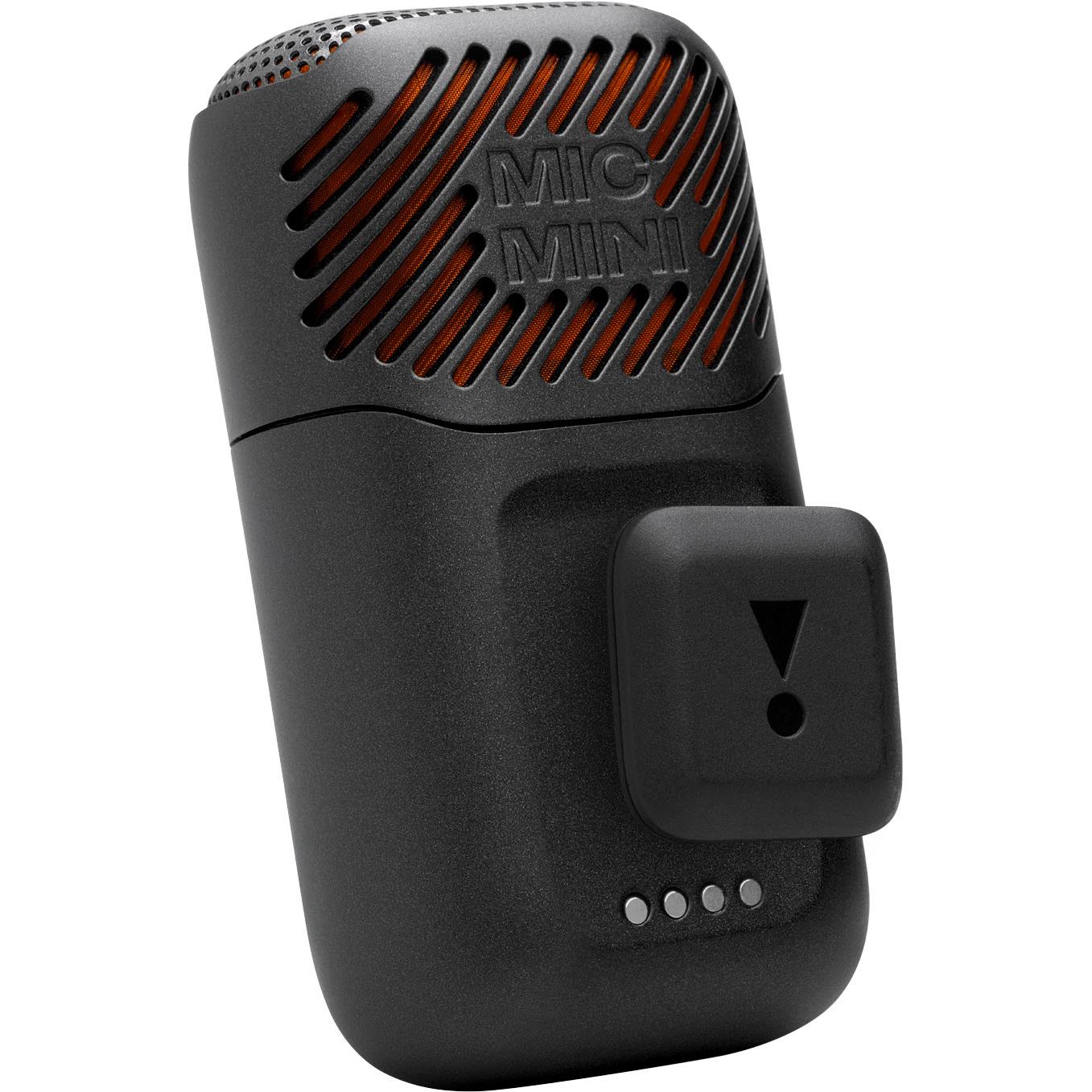 Black wireless mini karaoke microphone with side clip attachment and LED indicator dots