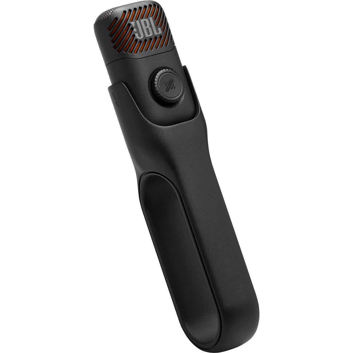 Black handheld mini karaoke microphone with JBL grille and round power/control button