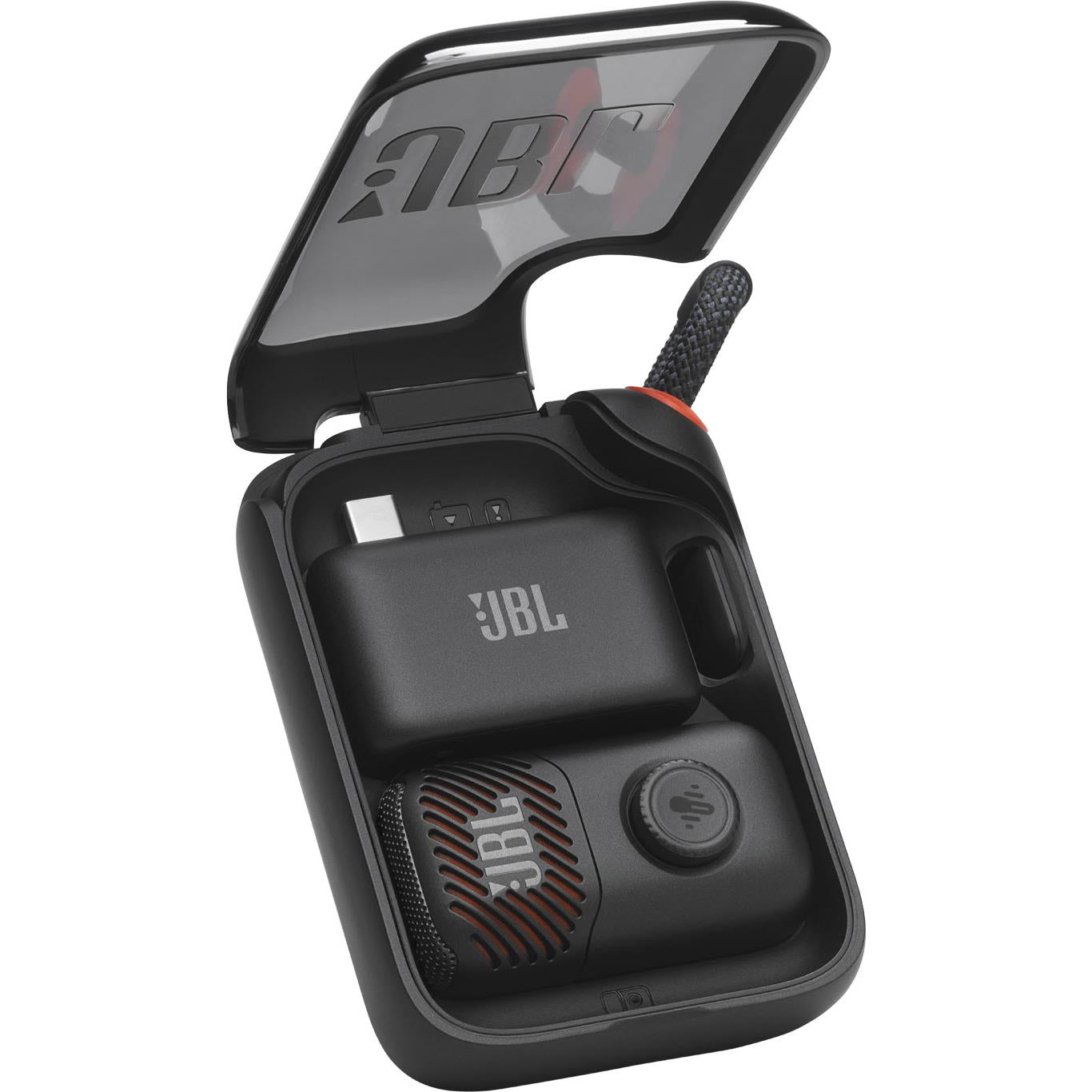 JBL mini karaoke microphone in open charging case with lid and built-in mic cradle