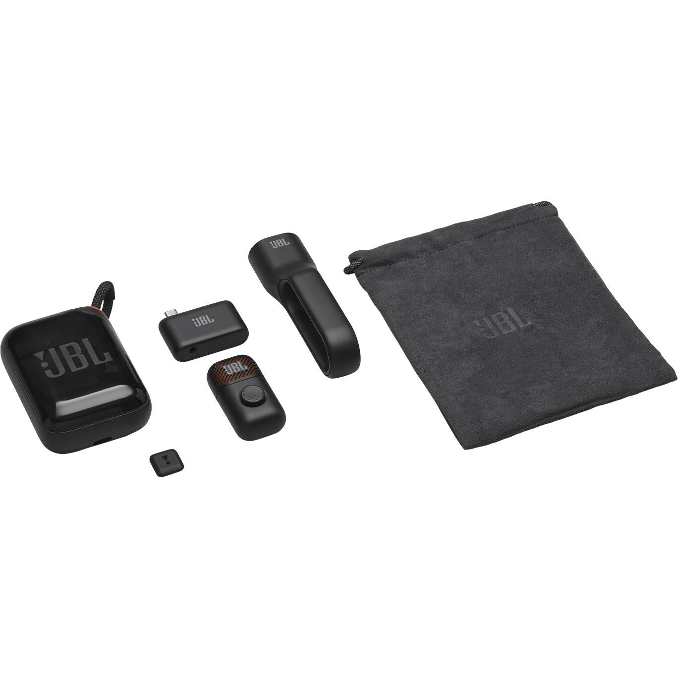 JBL mini karaoke microphone kit: microphones, charging case, small parts, and storage pouch