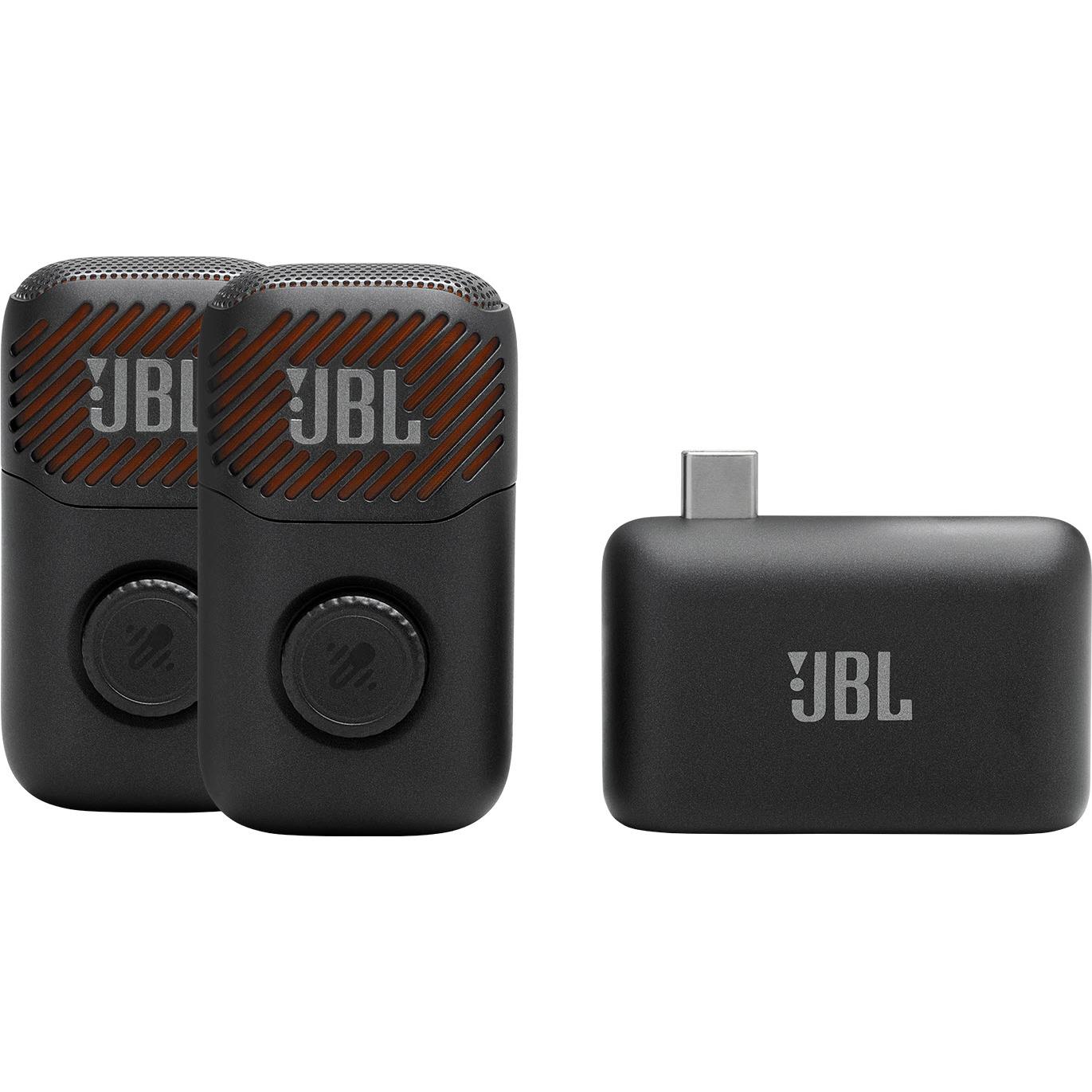 JBL wireless karaoke microphone duo with charging base, black design and orange grille.