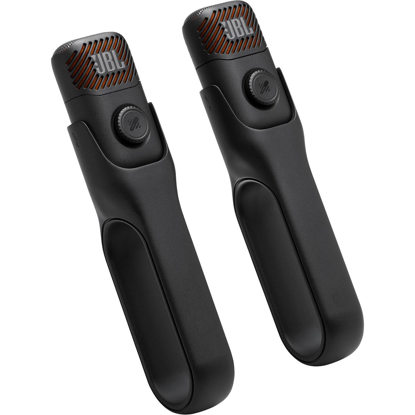 Pair of JBL EasySing AI mini wireless karaoke microphones, black with orange grille details.