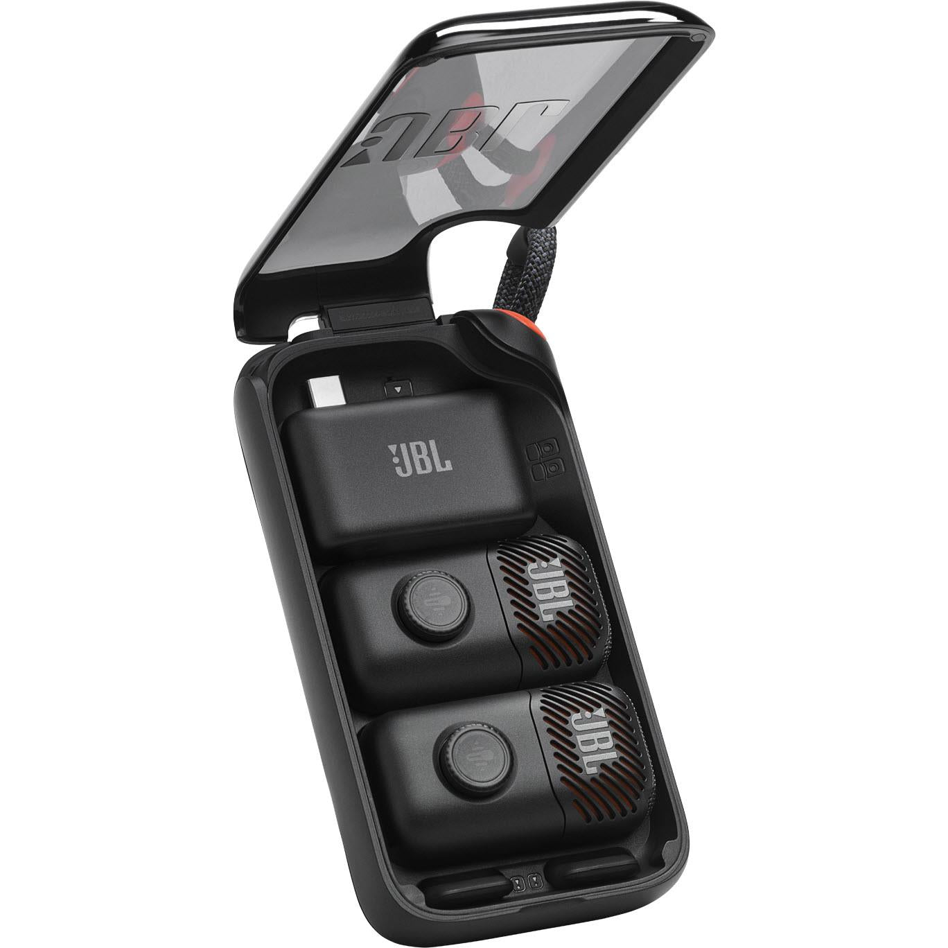 JBL EasySing AI mini karaoke microphone charging case open with two mics inside.