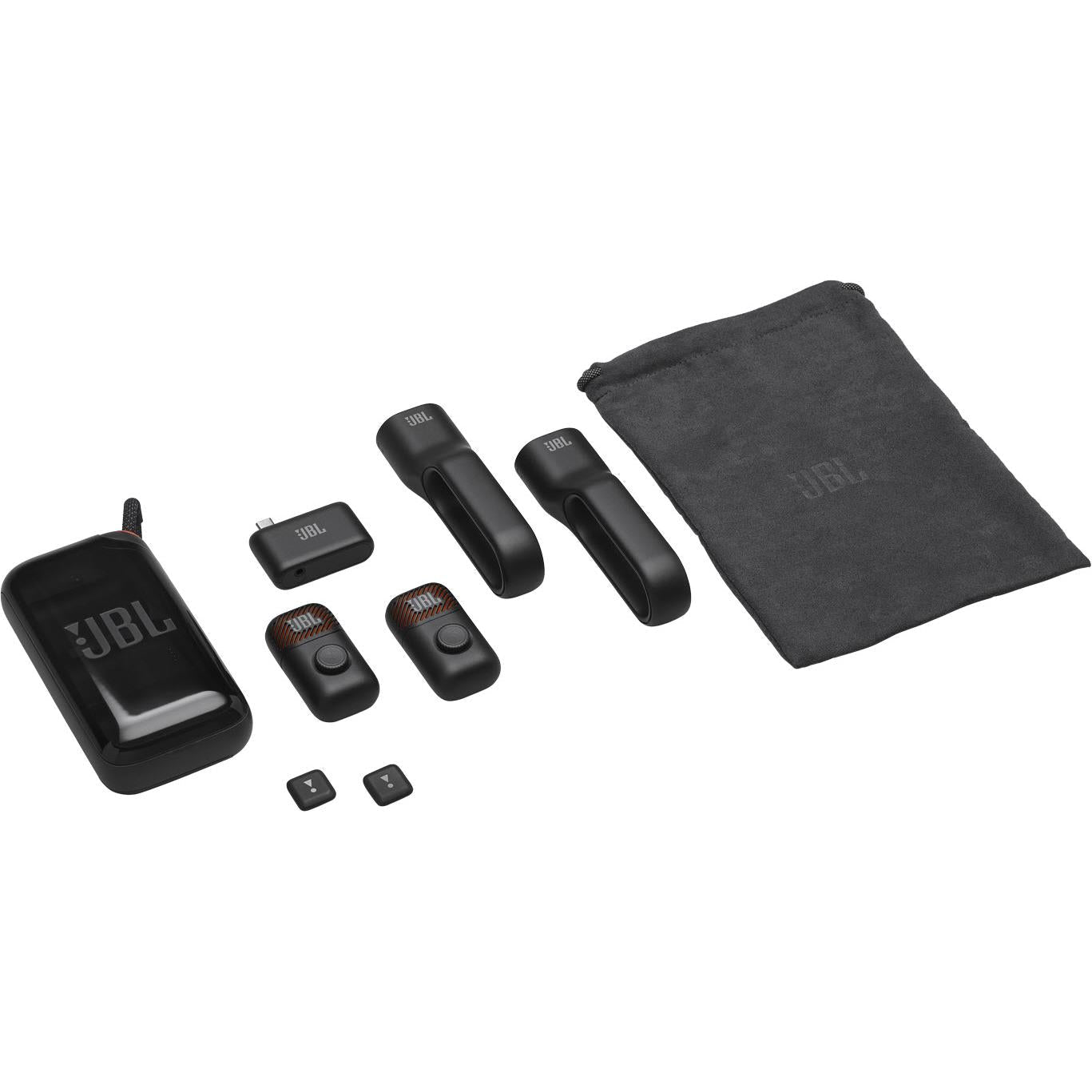 JBL EasySing AI mini karaoke microphone kit with charging case, earbuds, and accessories.