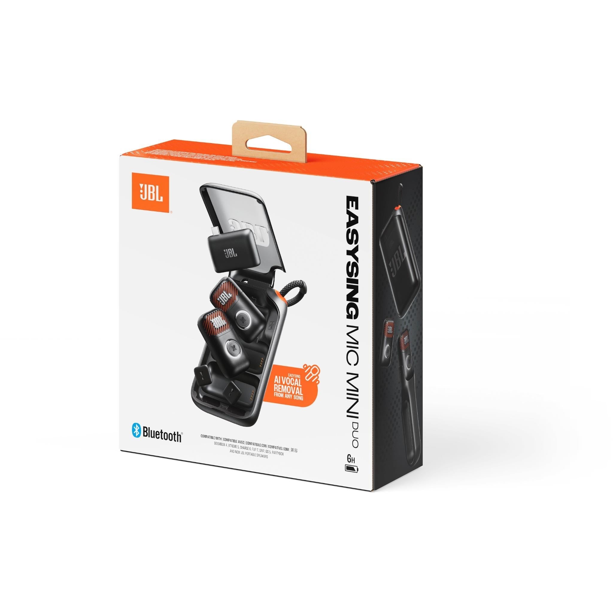 JBL EasySing AI Mini karaoke microphone duo retail box packaging, wireless 2 pack.