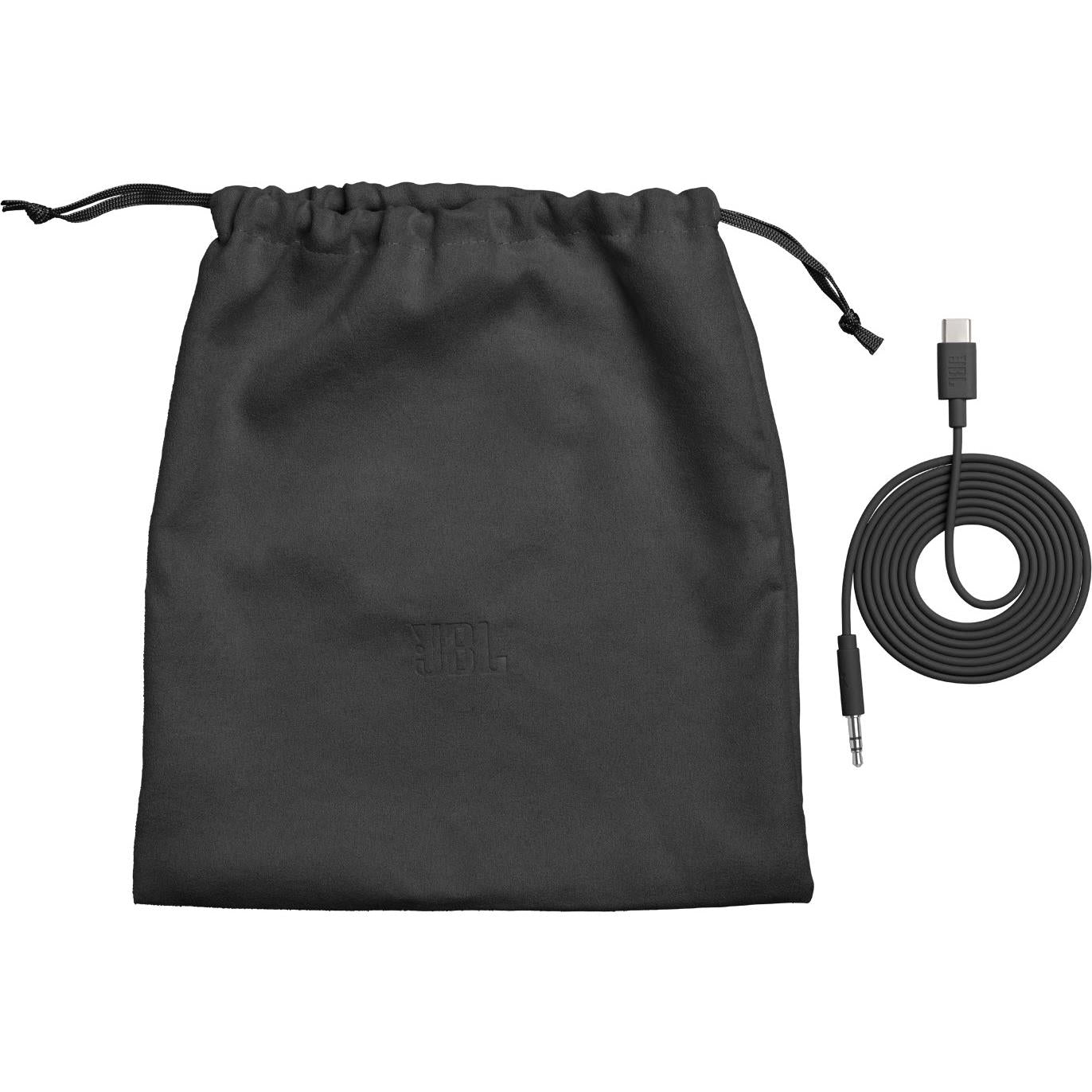 Black drawstring pouch with 3.5mm audio cable and USB connector