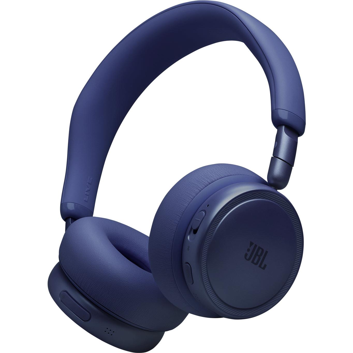 Blue wireless on-ear noise-cancelling headset with cushioned ear pads and headband