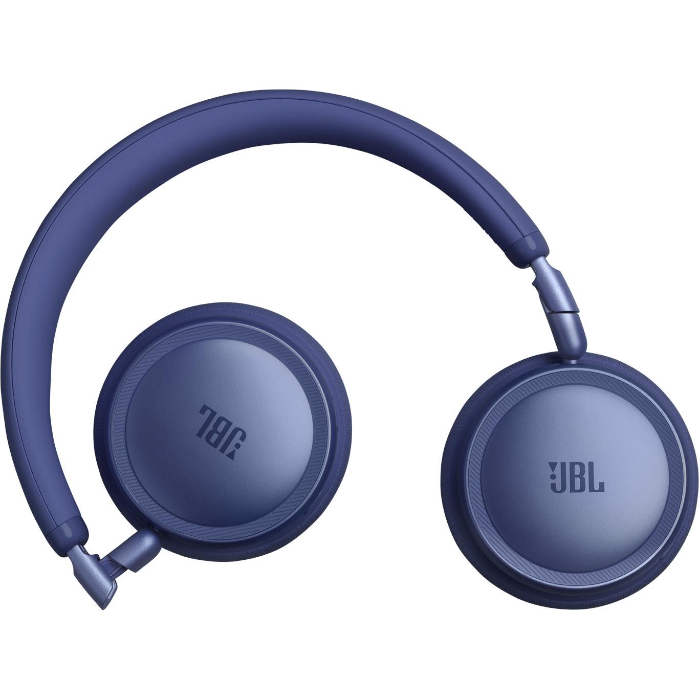 Blue on-ear wireless headset earcups with JBL logo and visible control buttons