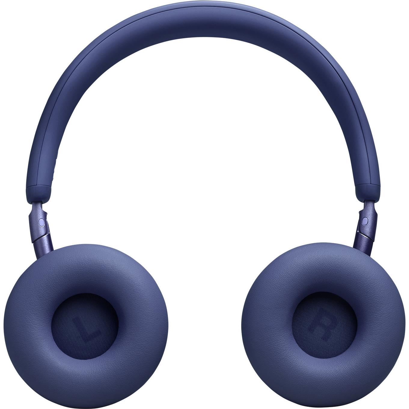 Blue wireless on-ear headset with large round ear cushions and padded headband