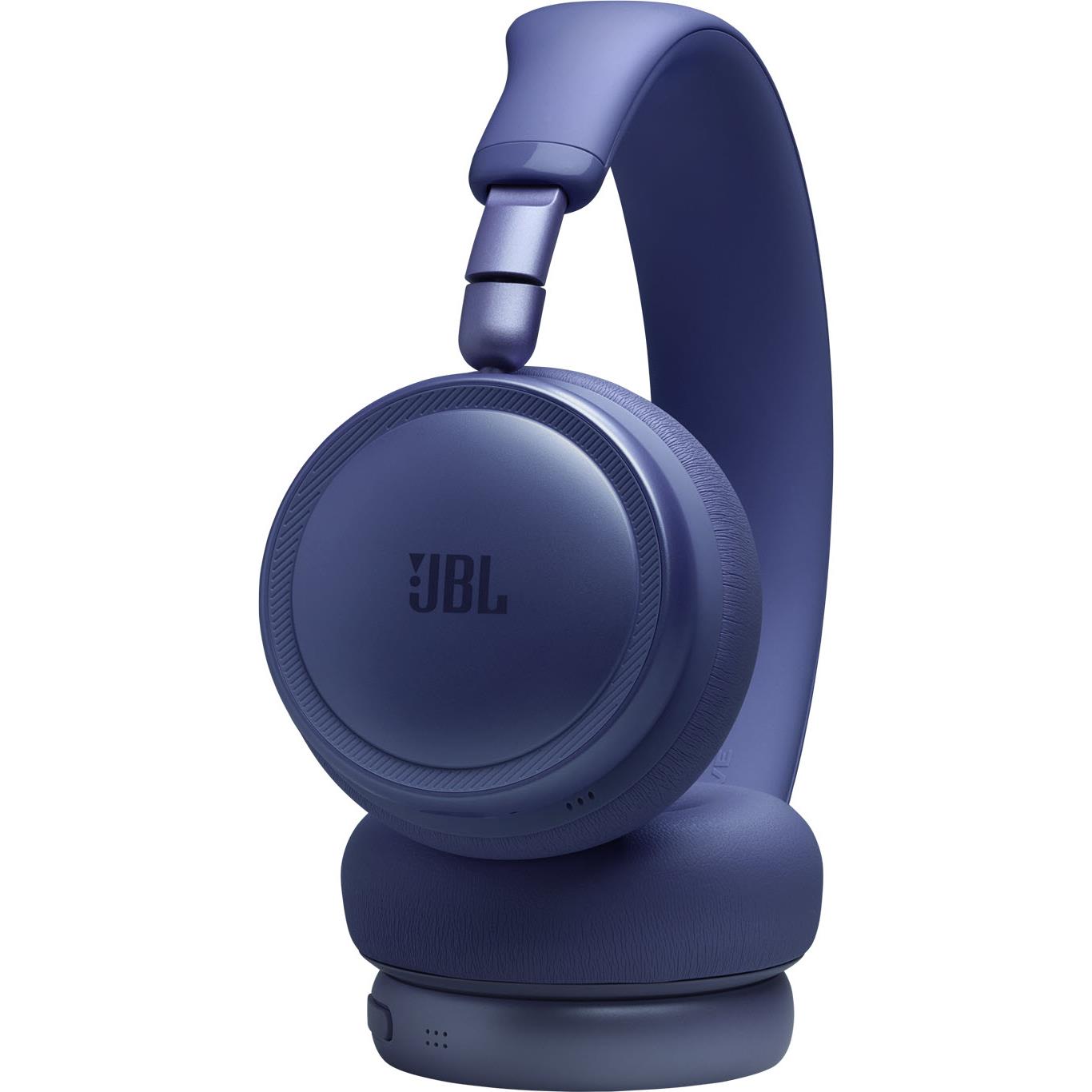 Blue wireless noise-cancelling headset, single earcup view with headband adjustment