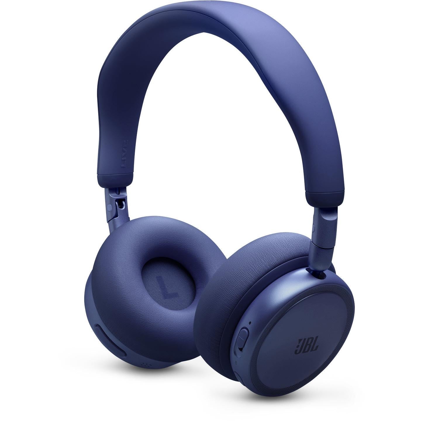 Blue wireless on-ear headset angled view with cushioned pads and foldable earcups