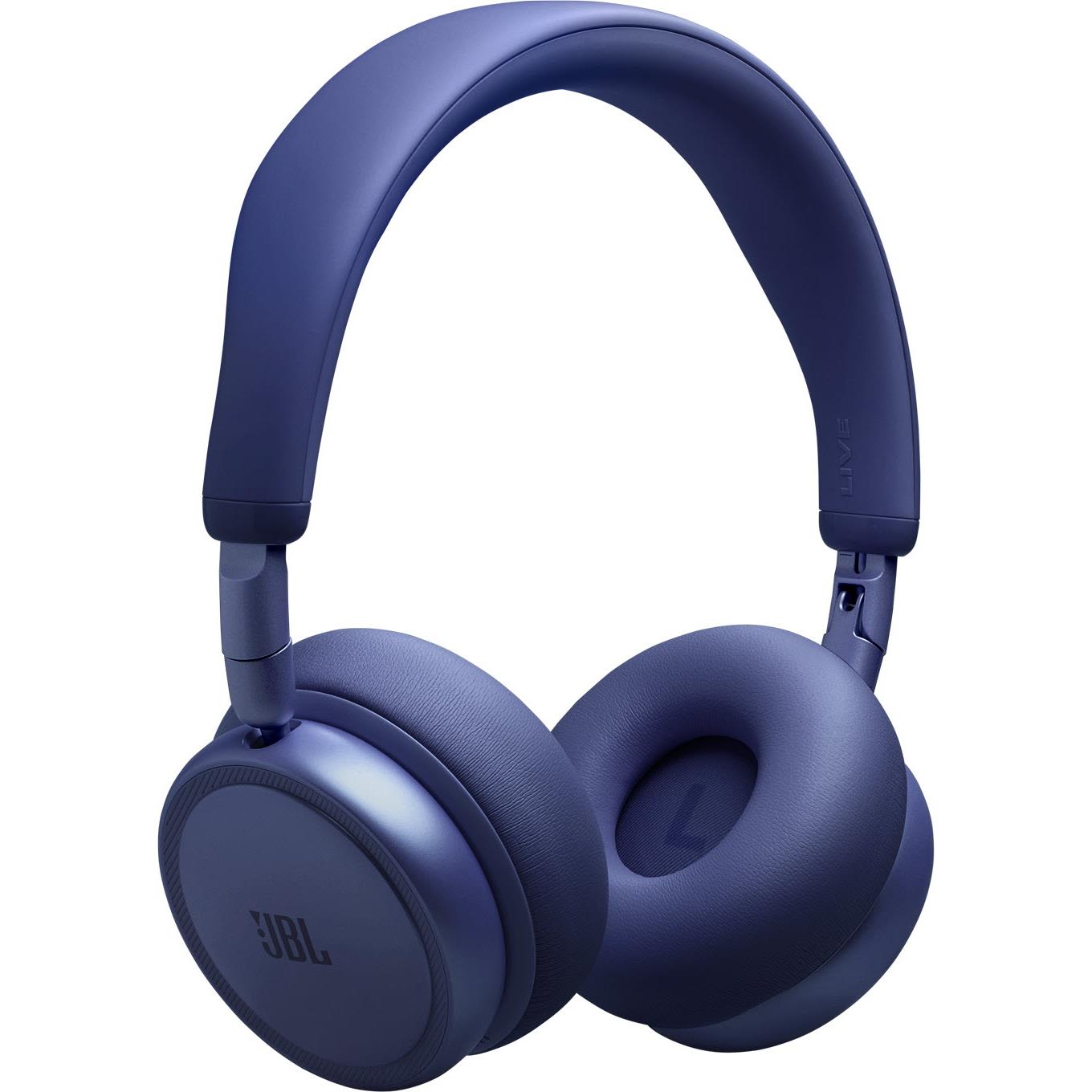 Blue wireless on-ear headset from side, showing padded headband and earcup