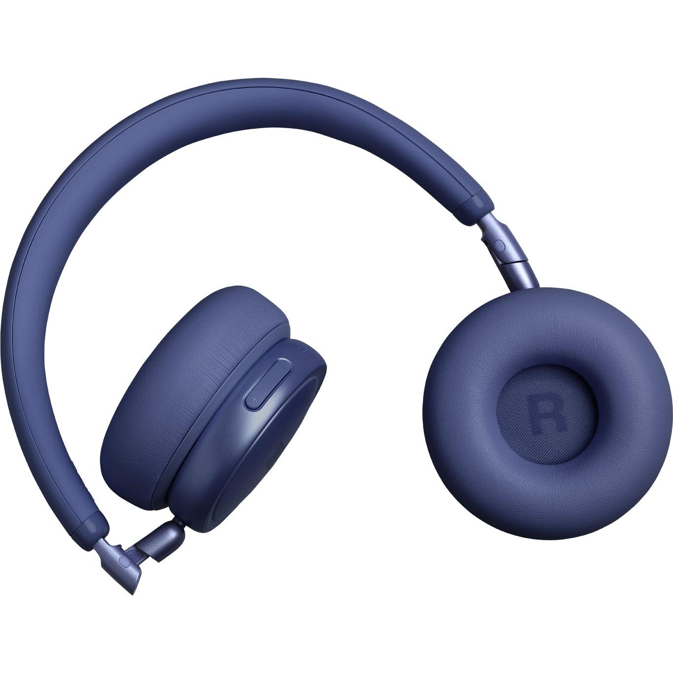 Blue wireless on-ear headset with right-side button controls on the earcup