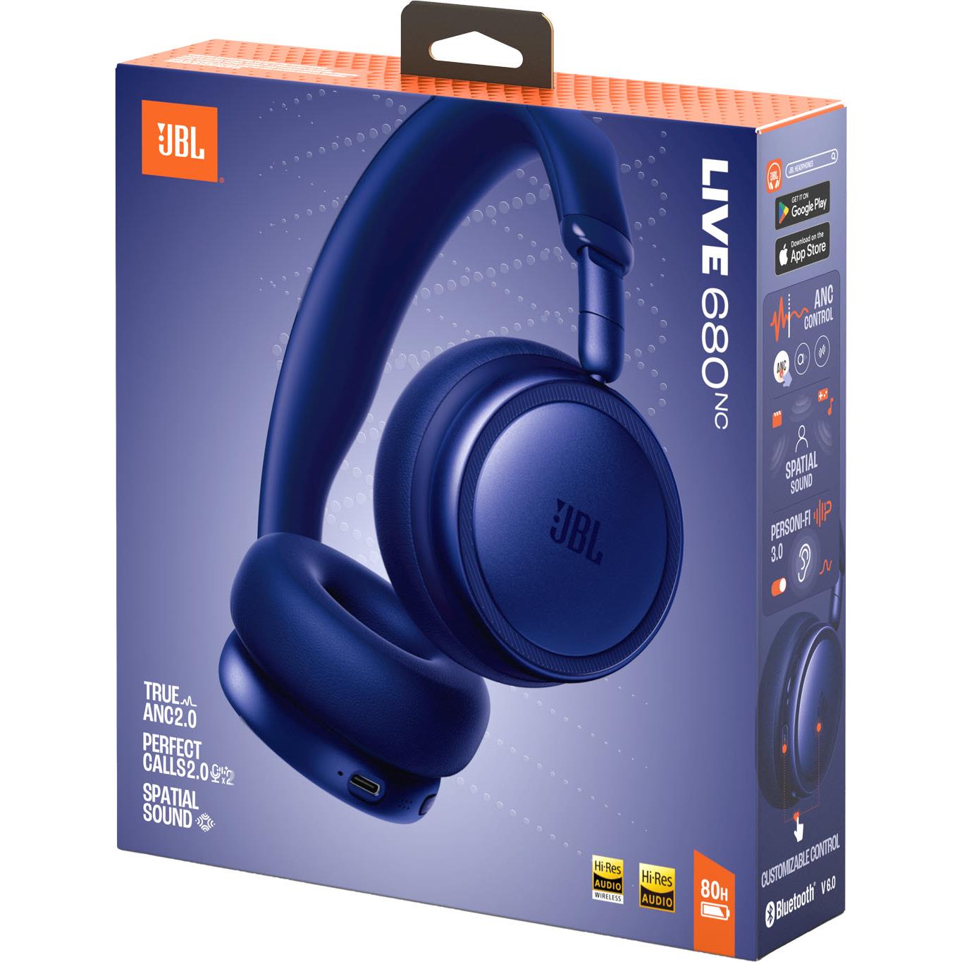 JBL Live 680NC headset product box in blue with headset image and features