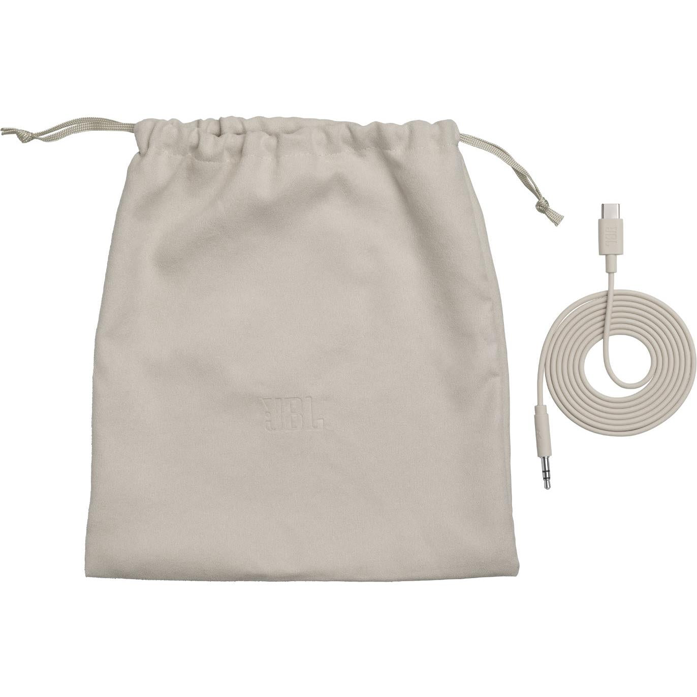 Drawstring headphone pouch with white audio cable and charging cord