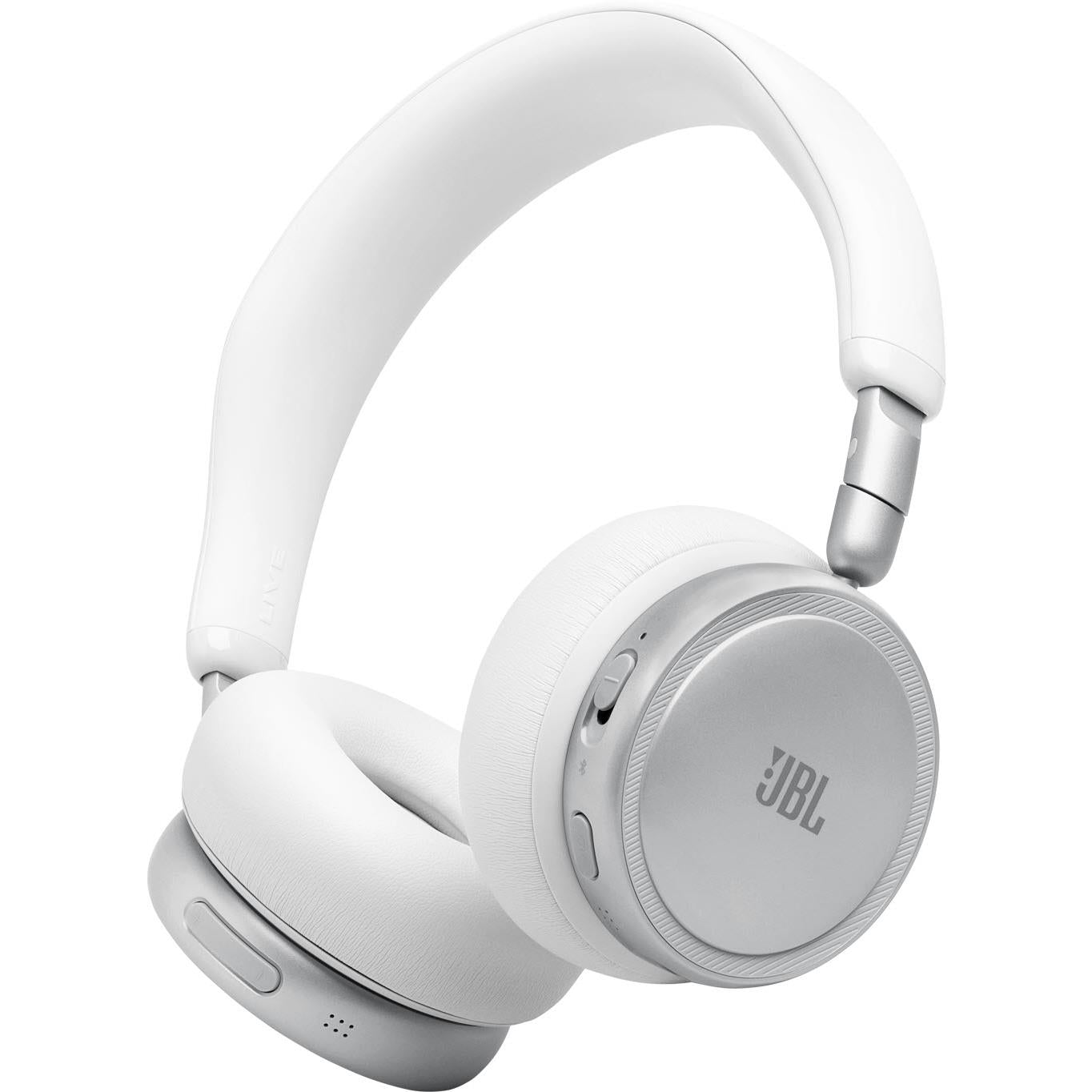 White on-ear wireless noise-cancelling headset, side profile with ear cup