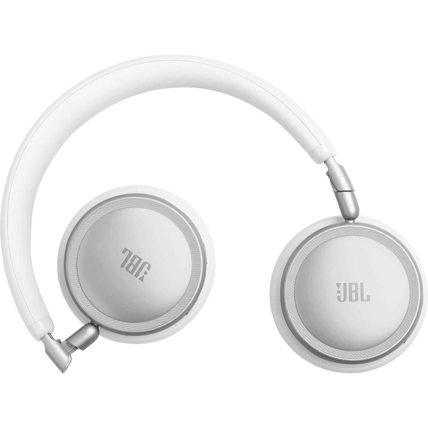 White on-ear wireless headset showing left and right ear cup exteriors