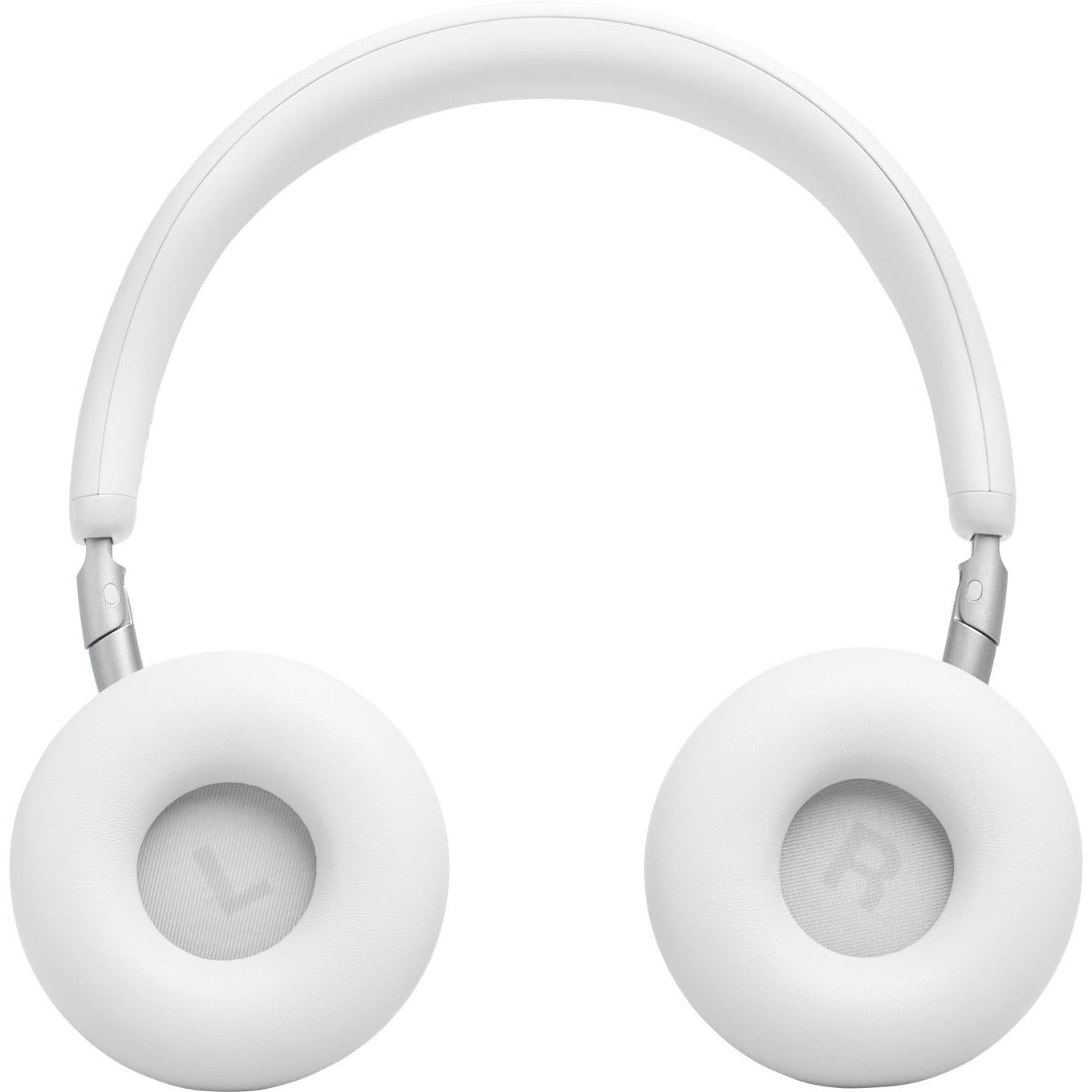 White on-ear wireless headset with ear cups and headband, front view