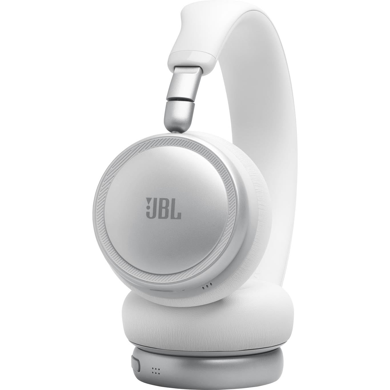 White on-ear wireless noise-cancelling headset with JBL logo, side view