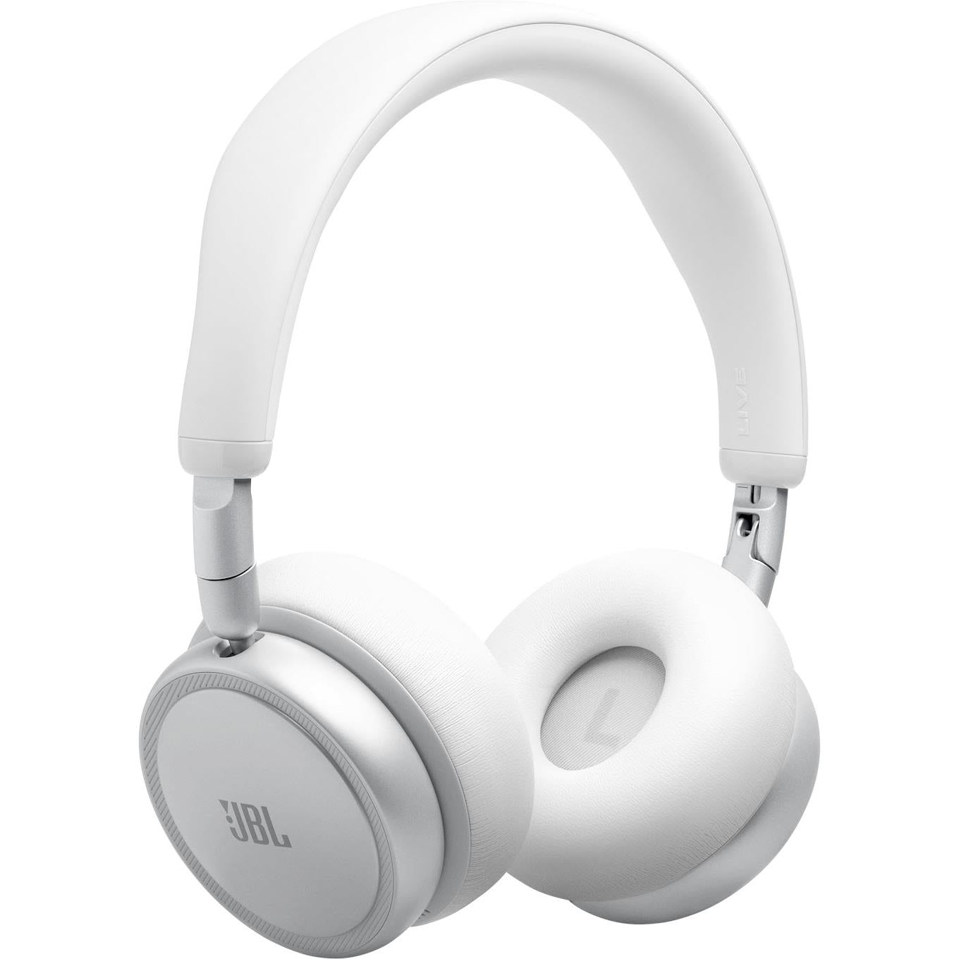 White on-ear wireless noise-cancelling headset, top and ear cups view
