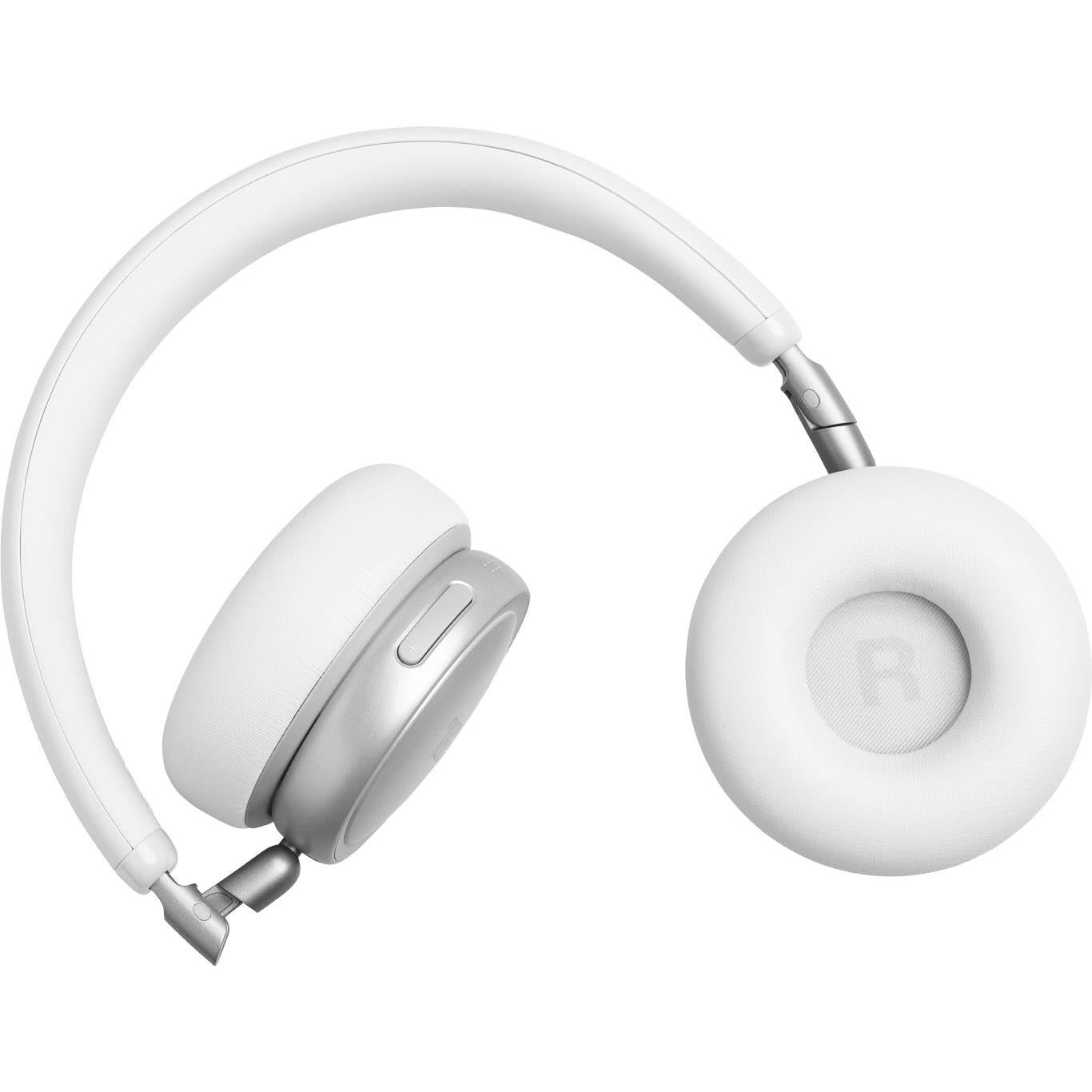 White on-ear wireless headset with side control buttons and right ear cup