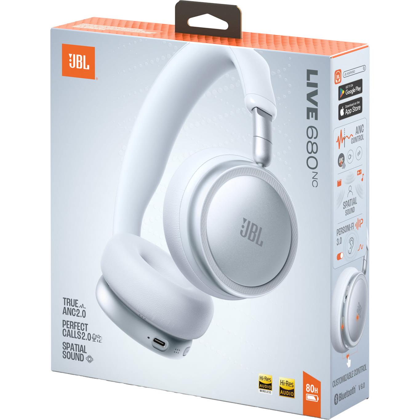 JBL Live 680NC headset retail box in white and blue with orange JBL logo